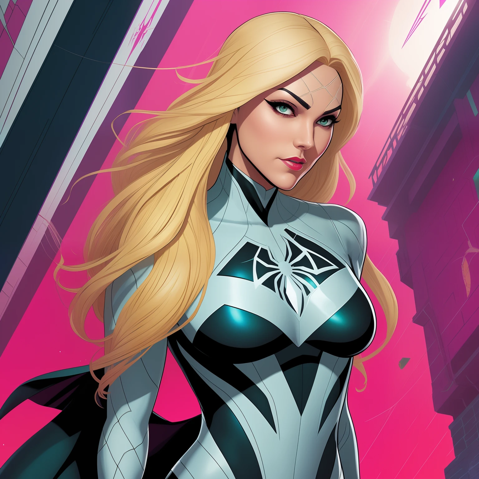 Beautiful spider Gwen, spider woman. Marvel’s comics. Blonde hair, green eyes. 40 years old. Aging Single mother.