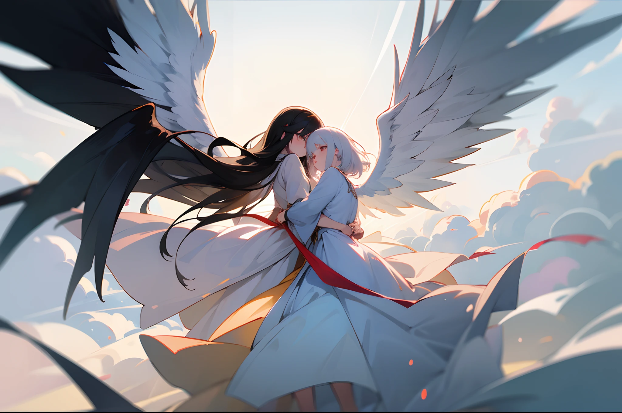 Two people in the cloud，One black hair and one white hair，Medieval clothes，One is a demon and one is an angel，It's all girls，One has white wings and one has black wings，A sense of mystery，Sense of oppression，karo