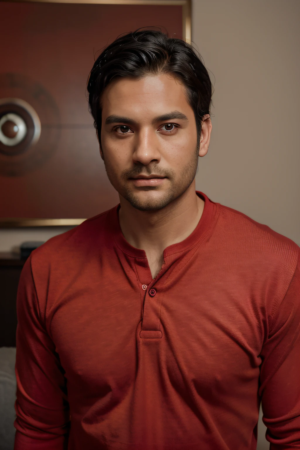 front view, looking at camera, RAW photo, ((red shirt: 1.2)), ((portrait)), beautiful black hair, 30 year old man, brown eyes, perfect eyes, ((background living room: 1.2 )), studio lighting, high quality, film grain, Fujifilm XT3, centered