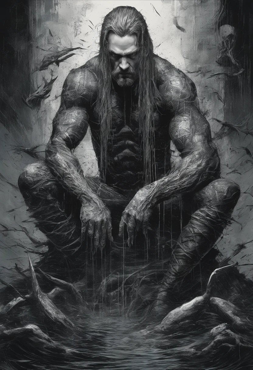 Male Aquaman, Perfect centralization, coelho (franco)de Donnie, Standing position, beleza abstrata, Centrado, looking at the camera, Facing the camera, nearing perfection, triste, desespero, corpo inteiro, hands on her head, Dynamic, altamente detalhado, liso, foco nítido, 8k, high-definition resolution, illustration, arte de Carne Griffiths e Wadim Kashin, fundo branco