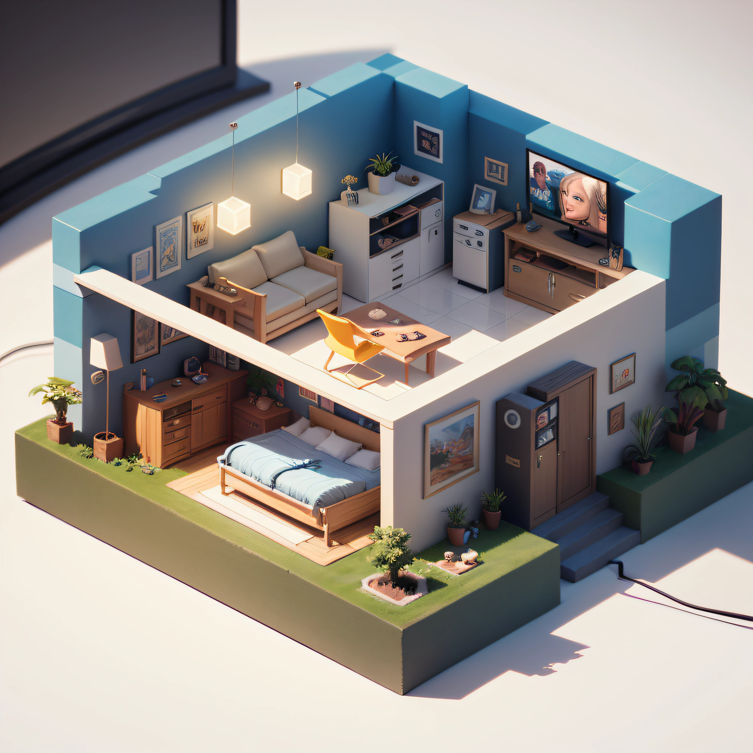 (Isometric perspective:1.5),(Pixar style:1.2), Room, bed, sofa,(small bonsai:0.8),desk lamp, TV, mural, 3D,Disney,Panoramic photo,White background, solid background,Global illumination, raytracing, modeling,HDR,octane render,unreal render,behance,dribbble,artstation,best quality, 8k,