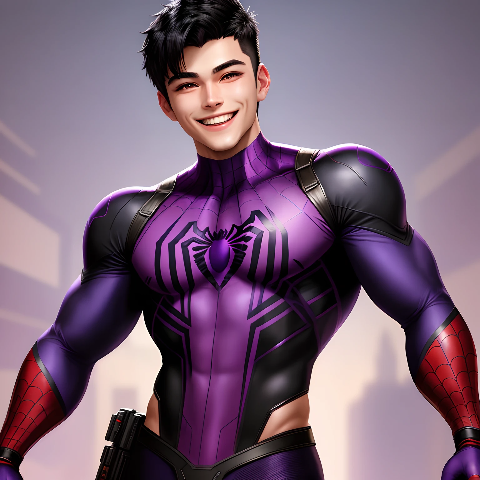 male purple spiderman with wolfcut black hair holding boba smiling