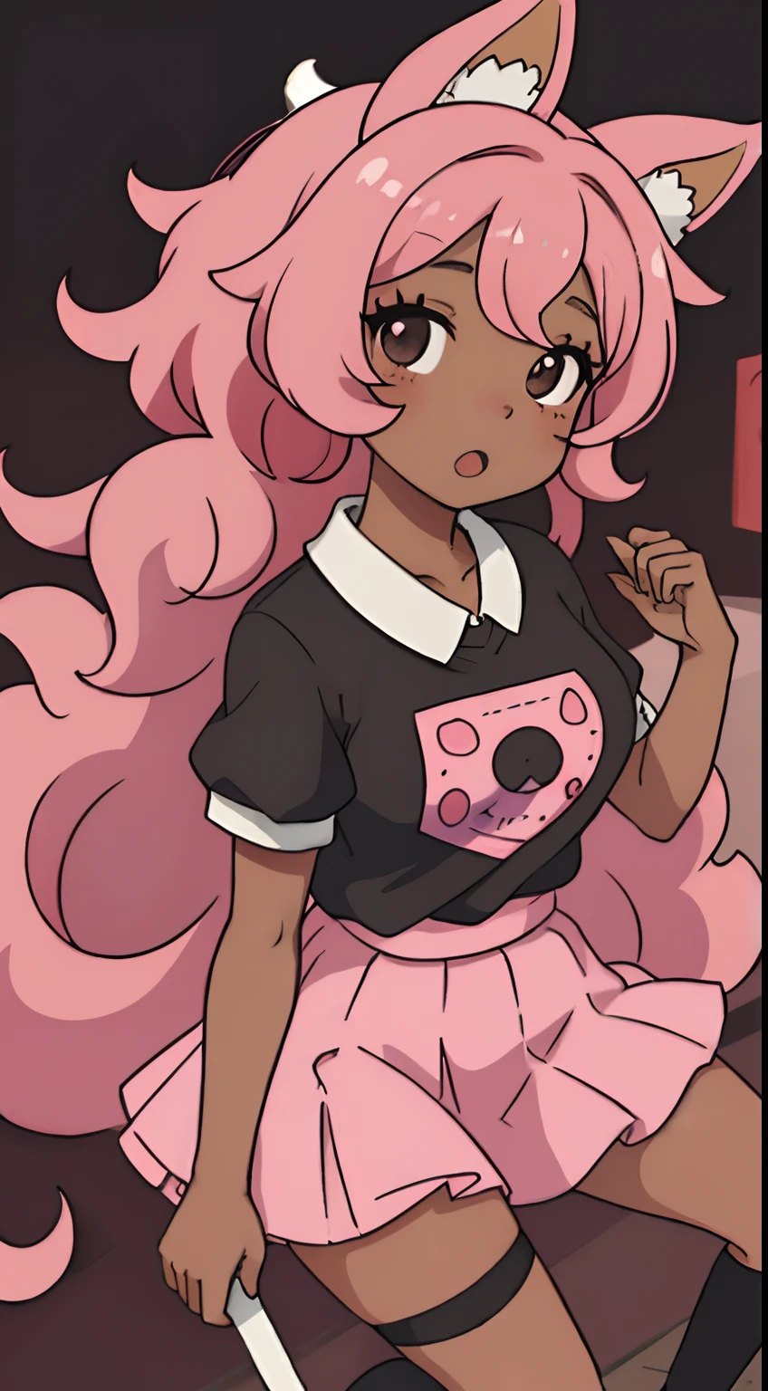 A cute but kinda hot Anime girl with curly pink hair that is long with black eyes and has dark skin she has dog ears that are long on the top of her head and a dog tail she is wearing a skirt with knee high socks and a shirt up-close picture and has dark skin that is brown