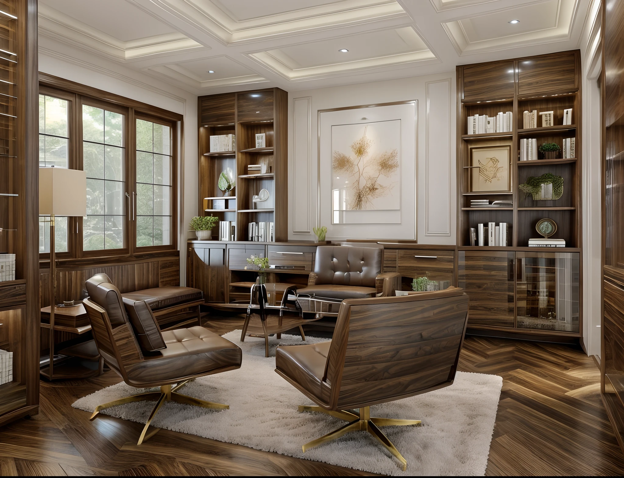 walnut_furniture, living room , best quality, chair[Base made by brown leather, leg by gold inox]