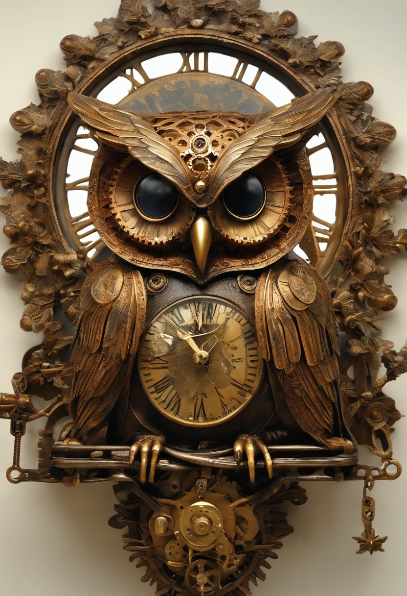 ultradetailed owl made out of clocks and gears in steampunk style sitting on a tree branch, intricate and hyperdetailed fluid acryl and oil splash, by Karol Bak, Hermann Nitsch, Jacopo Robusti, MW Kaluta, Teis Albers, artgerm, gcsociety, steampunk fantasy art, amazing depth, hdr, 8k resolution, watercolor stains, perfect balanced styles, maximalism, mechanical gears, complex steampunk, ornate, brocade, art nouveau, muted metallic, smooth, brass, pyrite, biopunk, nanopunk, chains, pipes, copper, dark complementary colors, hyperdetailed masterwork by head of prompt engineering