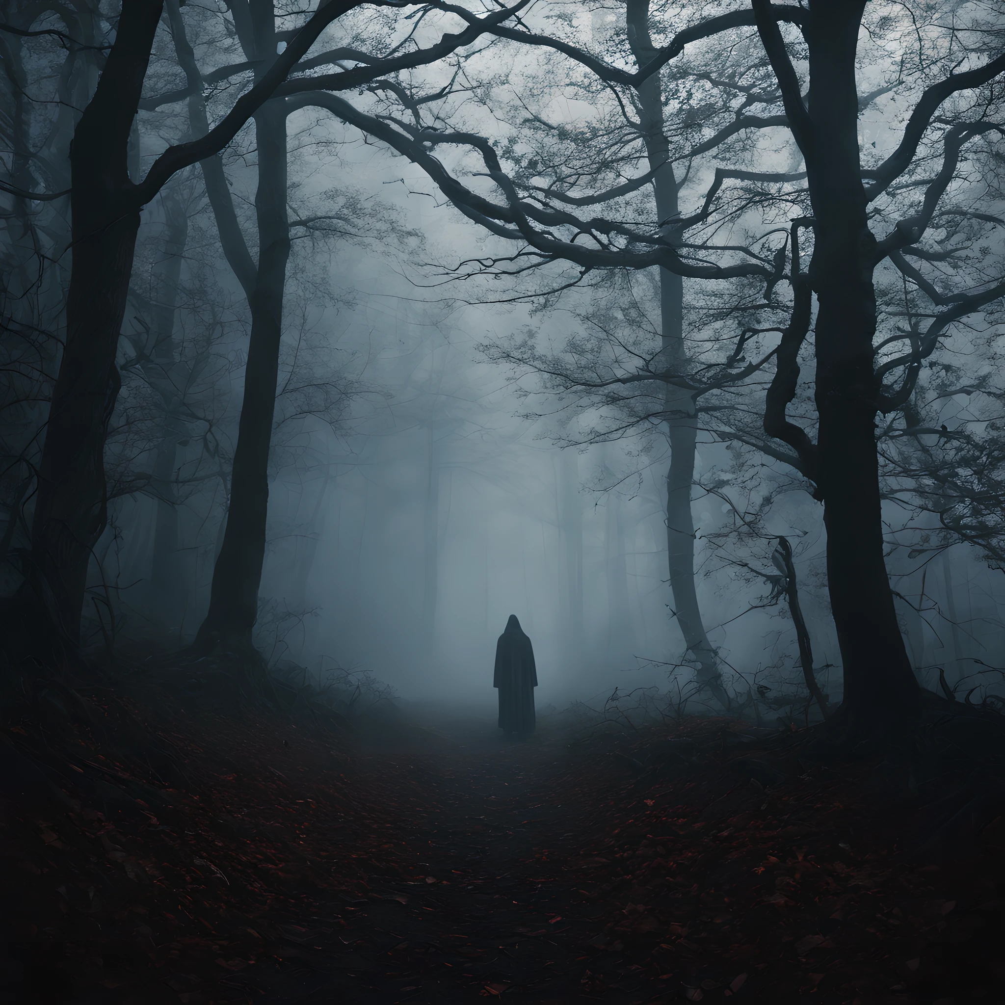 Create a mesmerizing image set in a dim, unsettling forest where a heavy mist shrouds the surroundings. The composition should convey a sense of eerie beauty, capturing the viewer's imagination.
For the central character, imagine an ethereal, almost otherworldly presence. This mysterious being should appear semi-transparent, as if materializing from the dense mist. The character should be both captivating and haunting, leaving an air of intrigue.
The dark background should serve as a stark contrast to the translucent figure. It should be rich in shadows and subtle details that evoke a foreboding atmosphere. The mist should hang in the air, creating an almost tangible sense of obscurity.
The main focus of the image is the translucent entity as it glides gracefully through the enigmatic woods. The fog should wrap around the character, emphasizing its spectral nature. The play of light and shadow amidst the mist should create a compelling and unsettling visual experience.