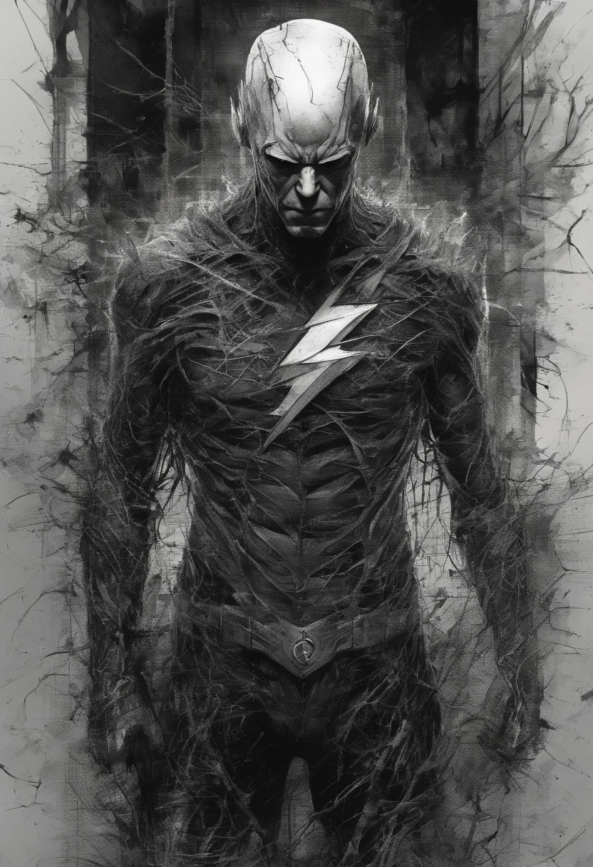 The Flash male, Perfect centralization, coelho (franco)de Donnie, Standing position, beleza abstrata, Centrado, looking at the camera, Facing the camera, nearing perfection, triste, desespero, corpo inteiro, hands on her head, Dynamic, altamente detalhado, liso, foco nítido, 8k, high-definition resolution, illustration, arte de Carne Griffiths e Wadim Kashin, fundo branco