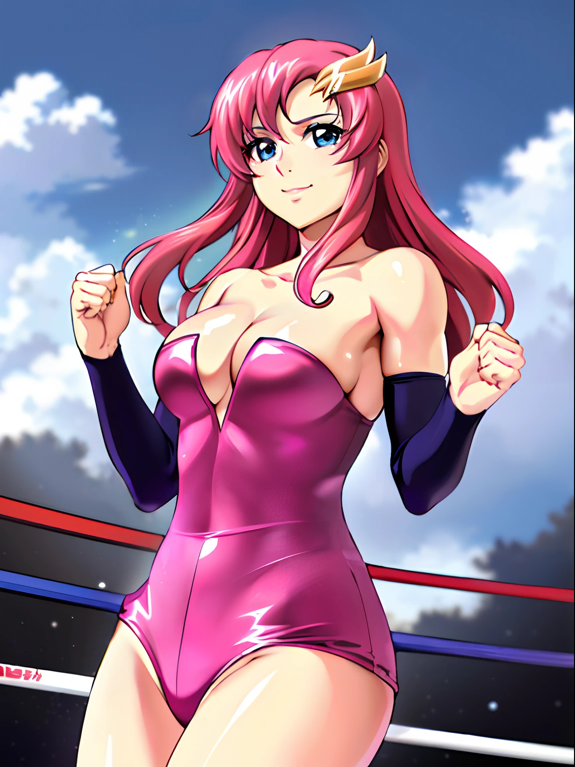 (((pink strapless wrestling outfit))), (masterpiece, standing , 4K, Best Quality, Anime style,, Adult Woman, ultra detailed face, (cloud background, wrestling), Drawing lines, high resolution, Anime, lacus4), 1girl, Solo, curvy figure, Long hair, 鎖骨, scapular, (Detailed wide hair bangs, Hair Ornament, Detailed reddish-pink hair, golden crest), cleavage, large hands, (pro female wrestler). (Big blue eyes, shiny eyes), ((female wrestler, little biceps, slender body, broad shoulders, closed fists, closed mouth)), ((perfect proportions, medium breasts, cleavage, long belly)), (((mini strapless wrestling))),( looking at the viewer, gentle, smile),