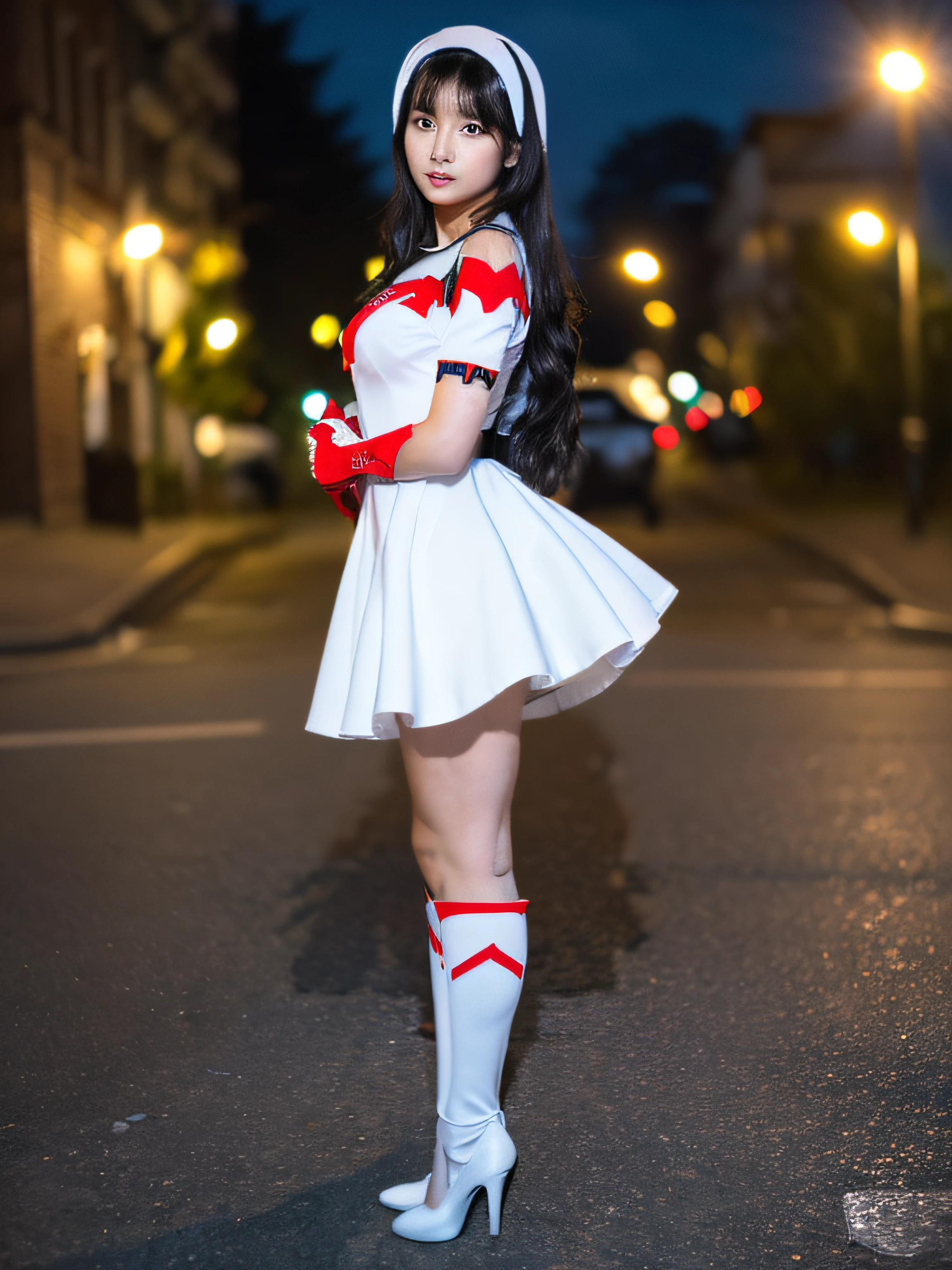 (masutepiece, 4K resolution, Ultra-realistic, Highly detailed), (Superhero theme in white costume, Charismatic, Girl on the street, Wearing a white Spider-Man costume, Superheroine), [((23 years old), (Long black hair:1.2), full bodyesbian, (Blue eyes:1.2), (Spider-Man's Dynamic Pose) ((Rough urban environment):0.8)| (Urban landscape, during night, Dynamic Lights), (fullmoon))]