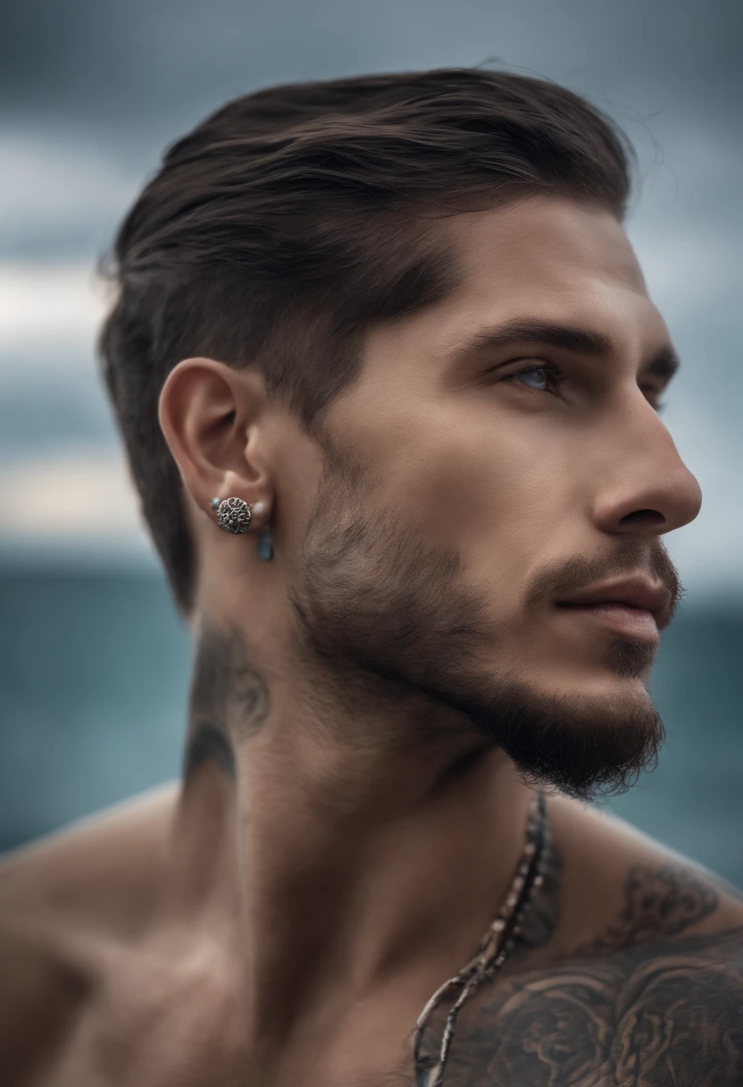 Professional portrait of an alien race, tattooed man, big head, form des kopfes mit 3d-knochenwucherungen unter der haut auf dem kopf, normales gesicht, Full-body side view, meer und wolken im hintergrund, meer ist ozeanblau, the male has a natural color, abstract beauty, is approaching perfection, zart gesicht, dynamisch, mondlicht, sehr detailliert, digitale malerei, artstation, konzeptkunst, glatt, scharfer fokus, illustration, kunst von carne griffiths und wadim kashin