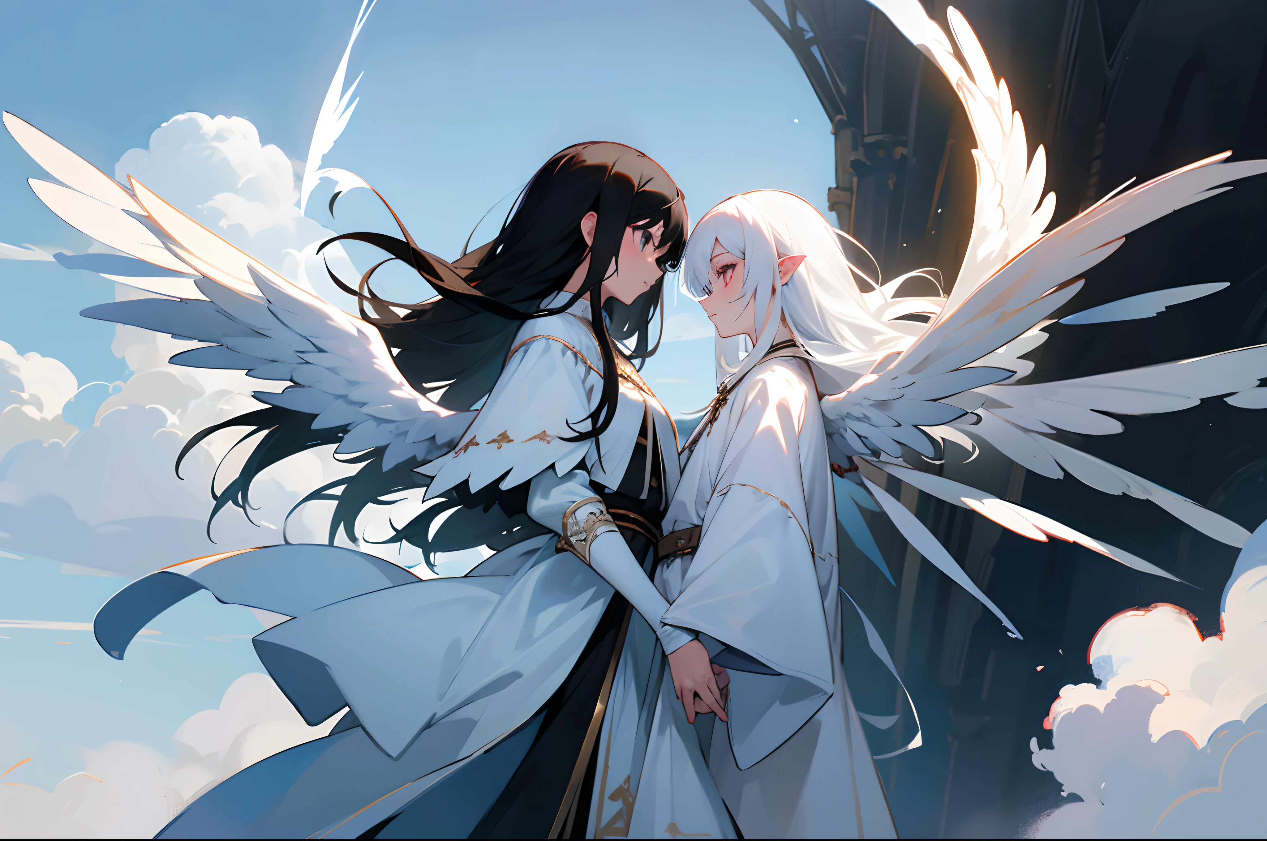 Two people in the cloud,One black hair and one white hair,Medieval clothes,One is a demon and one is an angel,It's all girls,One has white wings and one has black wings,A sense of mystery,Sense of oppression,karo