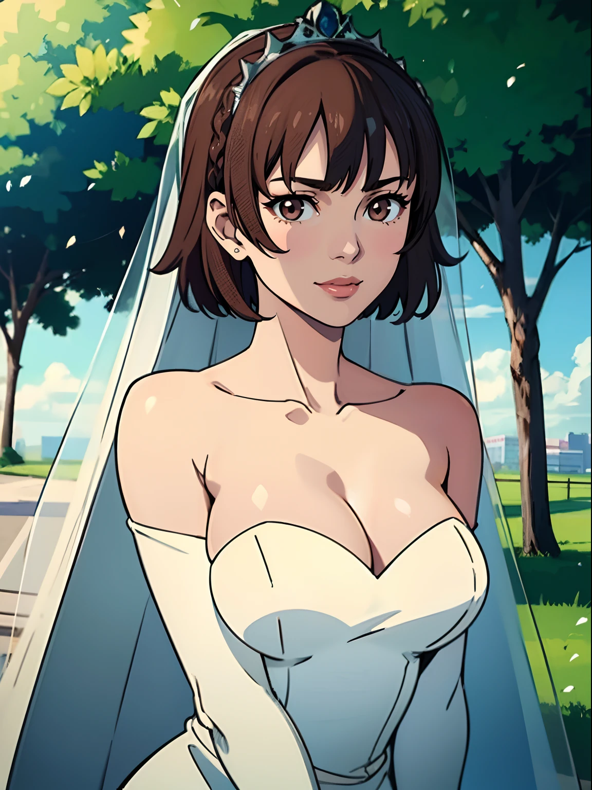 makoto nijima, blunt bangs, braid, brown hair, crown braid, bangs, brown eyes, hair between eyes, ahoge, hair ornament, gloves, dress, cleavage, bare shoulders, collarbone, white oprea gloves, white gloves, white dress, strapless, tiara, veil, strapless dress, wedding dress, bridal veil, beautiful woman, perfect body, perfect breasts, wearing a wedding dress, ball gown, in the park trees, wedding decorations, looking at the viewer, a slight smile, realism, masterpiece, textured skin, super detail, high detail, high quality, best quality, 1080p,