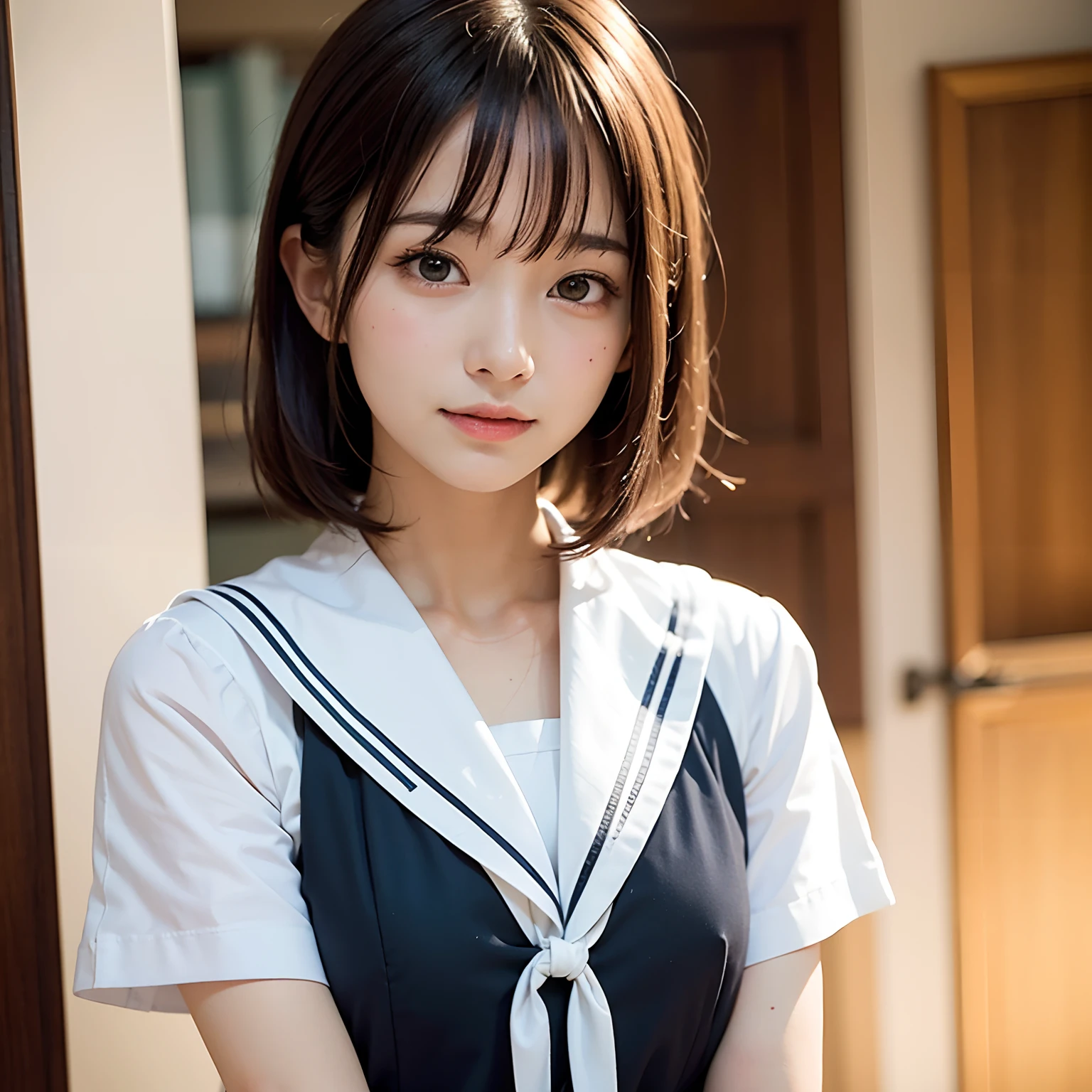 (masutepiece, Best Quality:1.2), 8K, Official art, Raw photo, Full Bord Bill Four、Running in the corridor、Impatient、front desk、校服、Cute smile、skinny、years、small tits、unbelievable Ridiculous, (Upper body, 校服、pantiy:1.4), Beautiful Girl, Pretty Face, arching back down,、Gold hair ornament on hair、a blond、Bob Perm、close up, Sailor Suit, Short sleeve, violaceaess, Teen, Looking at Viewer, Film grain, chromatic abberation, Sharp Focus, face lights, Dynamic lighting, Cinematic lighting, Eyes and faces with detailed, Bokeh background,
