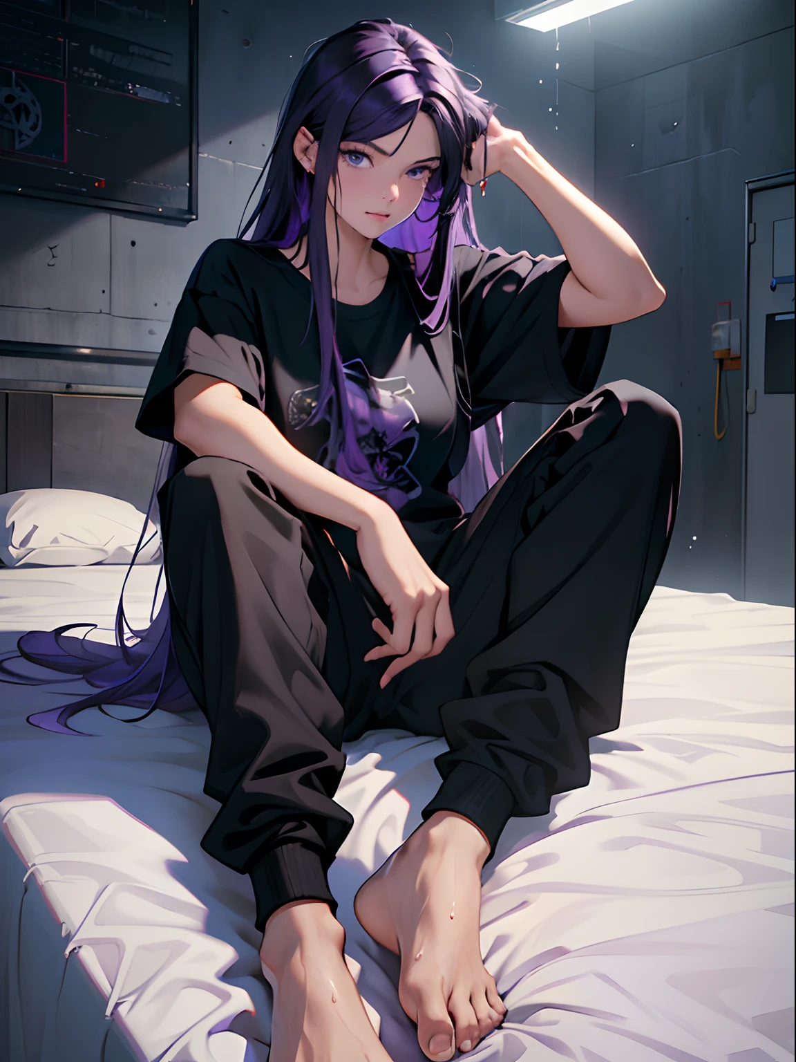 A girl, long purple hair, sitting on bedroll, Black T-shirt, black sweatpants, oversize clothes, bare feet, Wearing someone else's clothes, Slender figure, Beautiful,(Best Quality,4k,8K,hight resolution,Masterpiece:1.2), Ultra-detailed, Realistic, portrai, Vivid colors, studio lightning. Other people's clothes. Oversized clothing. black tshirt. long purple hair. Detailed. hiquality. Ultra-detailed. slim girl. big t-shirt. Detailing at a high level. handsome girl. The big picture. The Grey Room. concrete walls. Blank Walls. concrete. Cold. wet hair. Water on the hair. Wet Hair Purple. detailed legs. high quality detailed. Black pants. black sweatpants. feet, Detailed. detailized face. A detailed eye. violet eyes. Girl sitting on bed. wet hair. Water dripping from your hair. wet hair. handsome girl. Girl in Love. Girl sitting on bed. Her knees are bent. Sitting on the bed. Girl completely on the bed