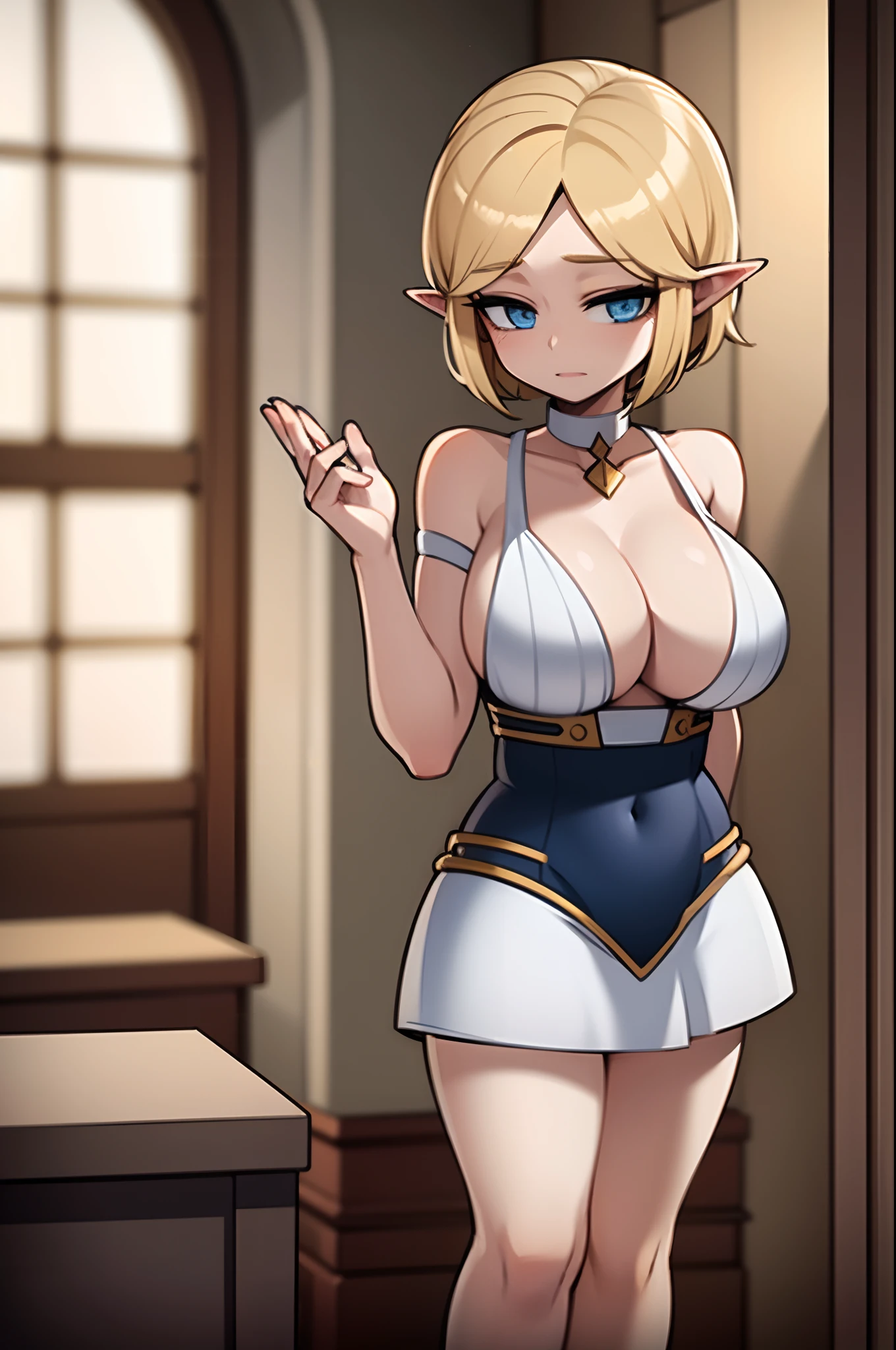 1girl, elf, big boobs, short blonde hair, blue eye, white and golden royal dress, standing, hand behind back