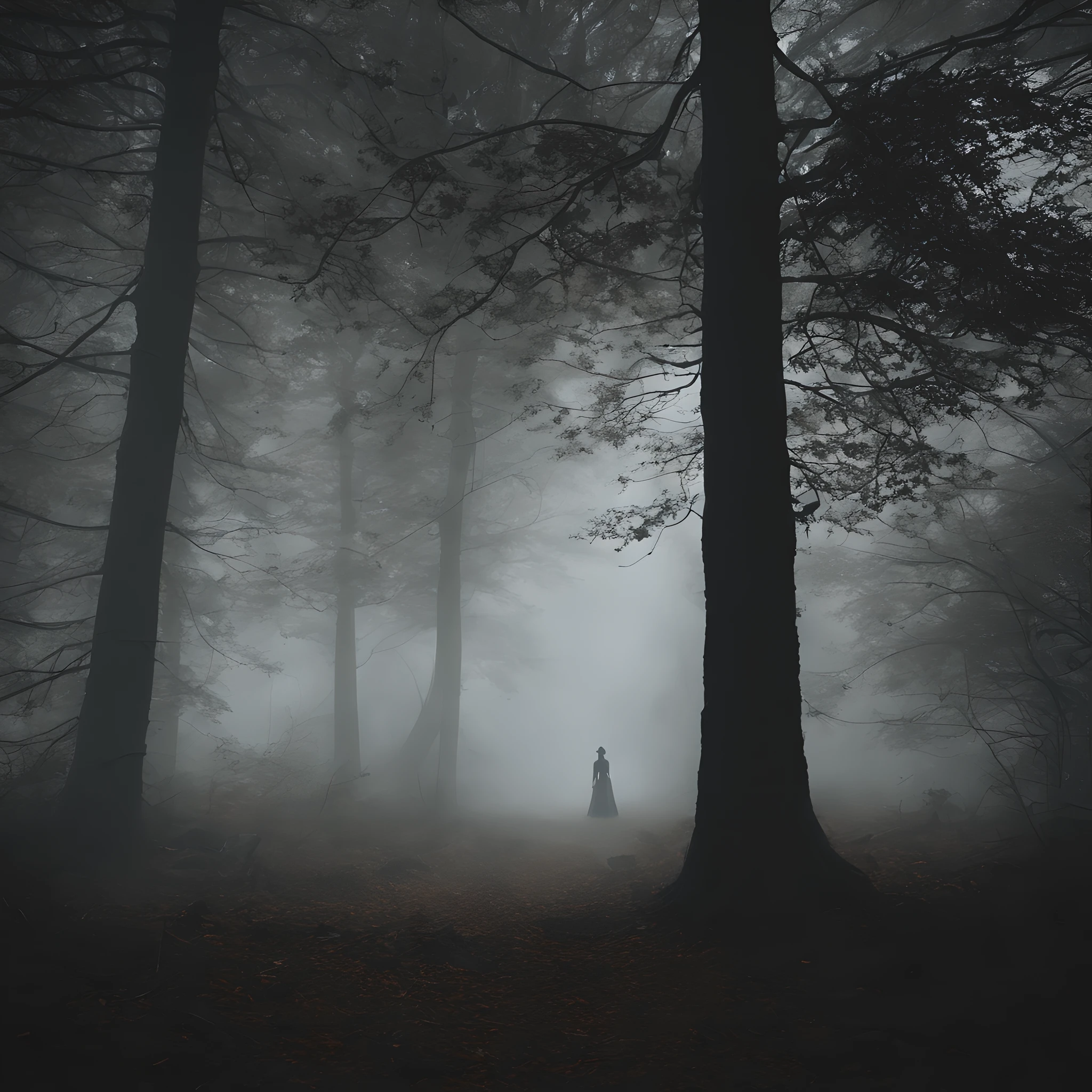 Create a mesmerizing image set in a dim, unsettling forest where a heavy mist shrouds the surroundings. The composition should convey a sense of eerie beauty, capturing the viewer's imagination.

For the central character, imagine an ethereal, almost otherworldly presence. This mysterious being should appear semi-transparent, as if materializing from the dense mist. The character should be both captivating and haunting, leaving an air of intrigue.

The dark background should serve as a stark contrast to the translucent figure. It should be rich in shadows and subtle details that evoke a foreboding atmosphere. The mist should hang in the air, creating an almost tangible sense of obscurity.

The main focus of the image is the translucent entity as it glides gracefully through the enigmatic woods. The fog should wrap around the character, emphasizing its spectral nature. The play of light and shadow amidst the mist should create a compelling and unsettling visual experience.