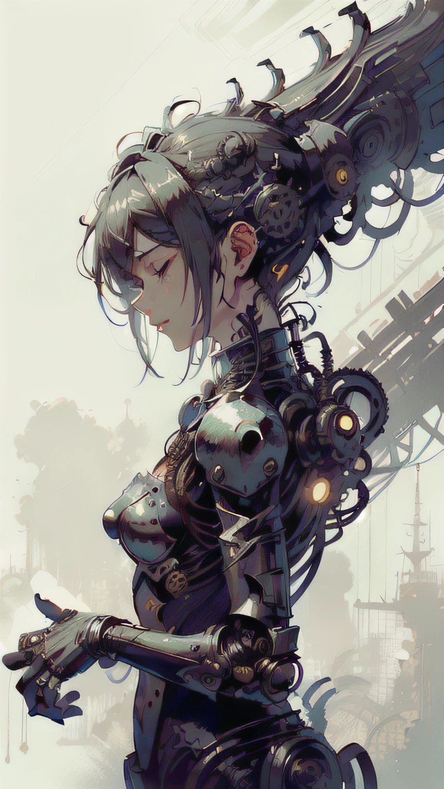 ((Best quality))), ((Ultra-detailed)), ((illustration)), ((Disheveled hair)), ((frilld)), (1 girl), (Solo), 1 mechanical girl, solo person, full bodyesbian,Machine-made joints,sci-fy,steampunc,steampunc