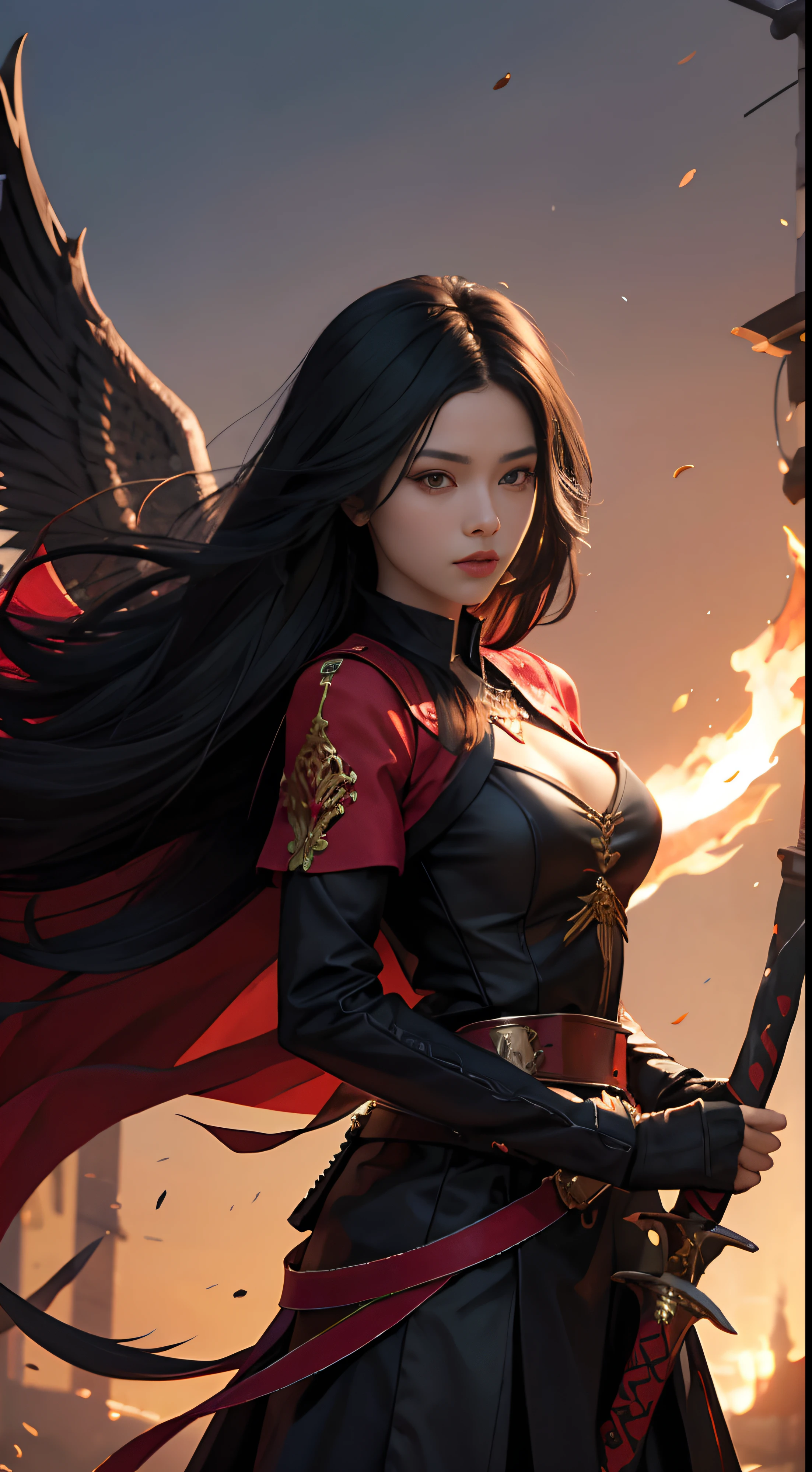 Black hair princess, with a black sword, and a blazing red phoenix