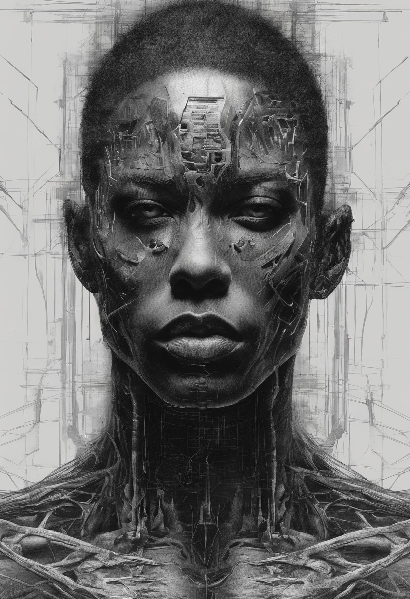 a black male cyborg, Perfect centralization, coelho (franco)de Donnie, Standing position, beleza abstrata, Centrado, looking at the camera, Facing the camera, nearing perfection, triste, desespero, corpo inteiro, hands on her head, Dynamic, altamente detalhado, liso, foco nítido, 8k, high-definition resolution, illustration, arte de Carne Griffiths e Wadim Kashin, fundo branco