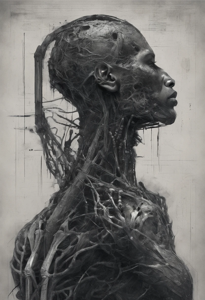 a black male cyborg, Perfect centralization, coelho (franco)de Donnie, Standing position, beleza abstrata, Centrado, looking at the camera, Facing the camera, nearing perfection, triste, desespero, corpo inteiro, hands on her head, Dynamic, altamente detalhado, liso, foco nítido, 8k, high-definition resolution, illustration, arte de Carne Griffiths e Wadim Kashin, fundo branco