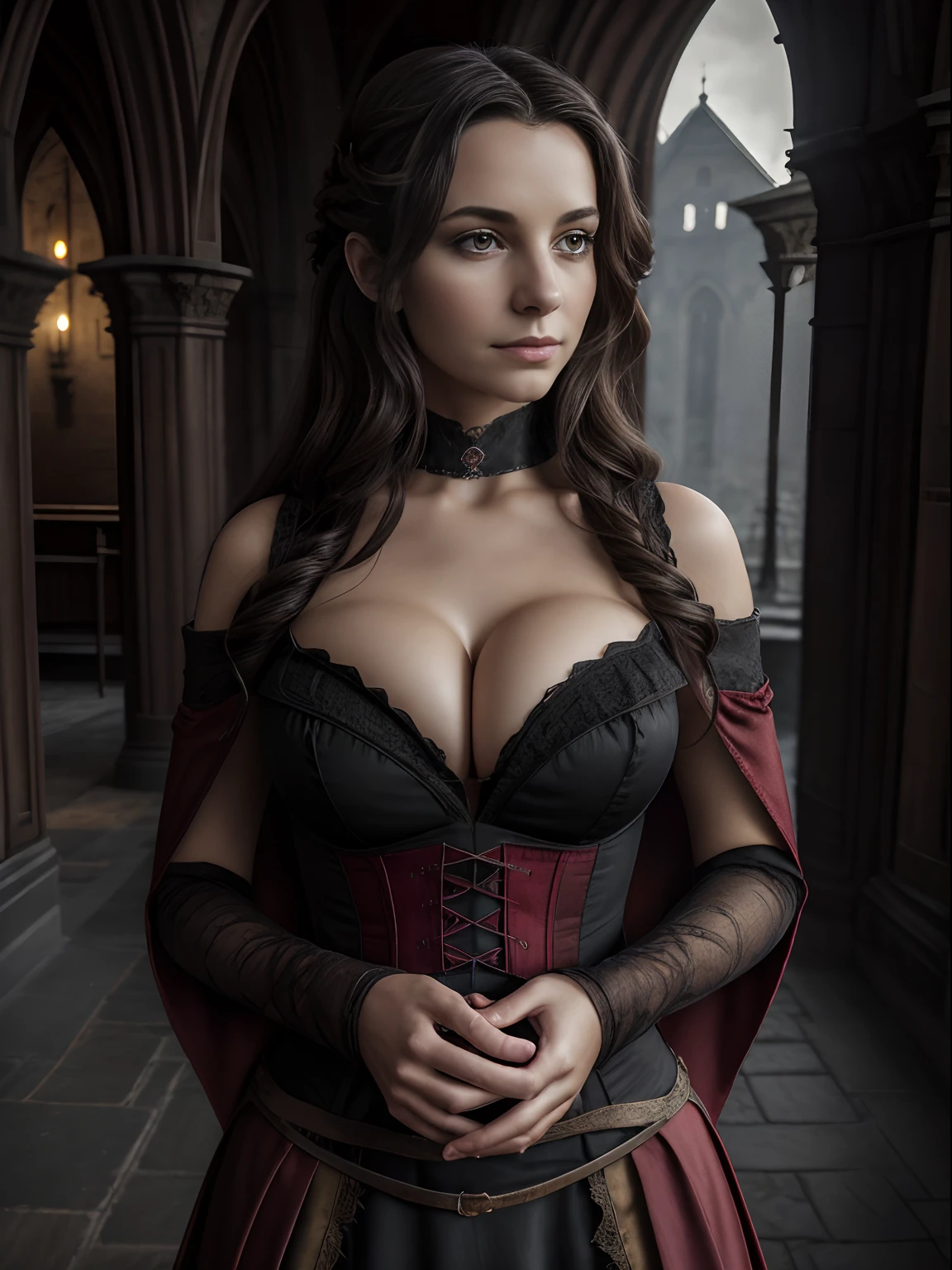 (masterpiece, top quality, best quality, official art, beautiful and aesthetic:1.2), (1girl:1.3), long and curly dark brown hair, extremely detailed, portrait, looking at viewer, solo, (full body:0.6), detailed background, close up, mischievous eyes, (warm summer castle theme:1.1), sorceress, charlatan, smirk, mysterious, walking in courtyard, revealing ((dark red)) sorcerer attire, red knee-length red skirt, off shoulder, straps, long sleeves, loose sleeves, cloak, corset, black leggings, black trousers, black pants, long brown boots, buckles, straps, pouches, (glowing magical energy, casting a spell), red fabric, white trim, ((((gigantic breasts, cleavage, skindentation)))), slim waist, slim hips, long legs, medieval (castle exterior:1.1) background, dark mysterious lighting, shadows, magical atmosphere, dutch angle