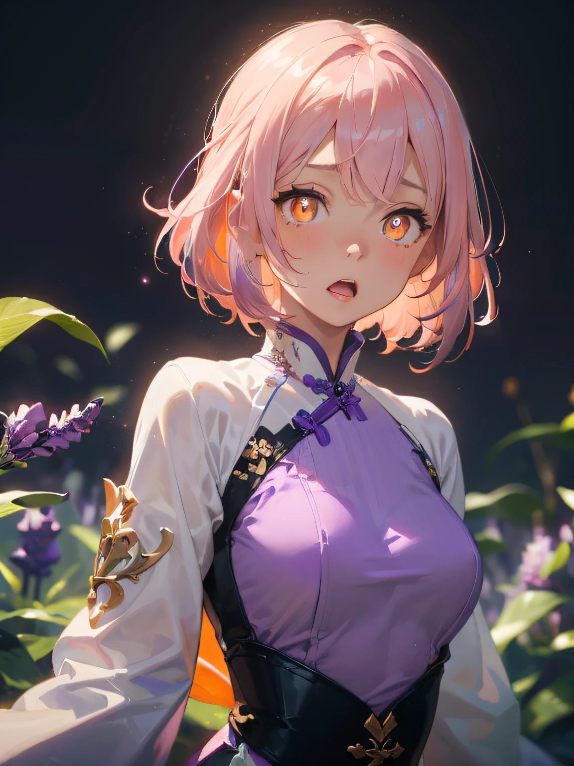 1girl , a 19 yo girl , 19 years old , super adorable , full head ,(Upper Body : smallunderboob , Skinny ) , ((tmasterpiece)) , (Very detailed CG unity 8K wallpaper) , best qualtiy , cinmatic lighting , (hi-top fade:1.3) , dark themed , Muted Tones , Subdued Color , highly contrast , (natural skin textures , Hyper-Realism , Soft light , sharp) , (Hair : (LightPink Hair:1.5) , (shoulder-length hair)) , (orange eyes:1.5) , beatiful detailed eyes , (Bright pupils:1.5) , (Very fine and beautiful) , (Beautiful and detailed eye description) , ( Background : white ) , Blur Background , (Wearing : (Lavender Purple innovative Ao dai:1.5) , Vista Blue shaped , Pink Lavender lotus shaped , Sky Blue accessory) , opposite shot , (Surprised: Emotion expression:1.5)) , (Pose : random Surprised pose , open mouth)