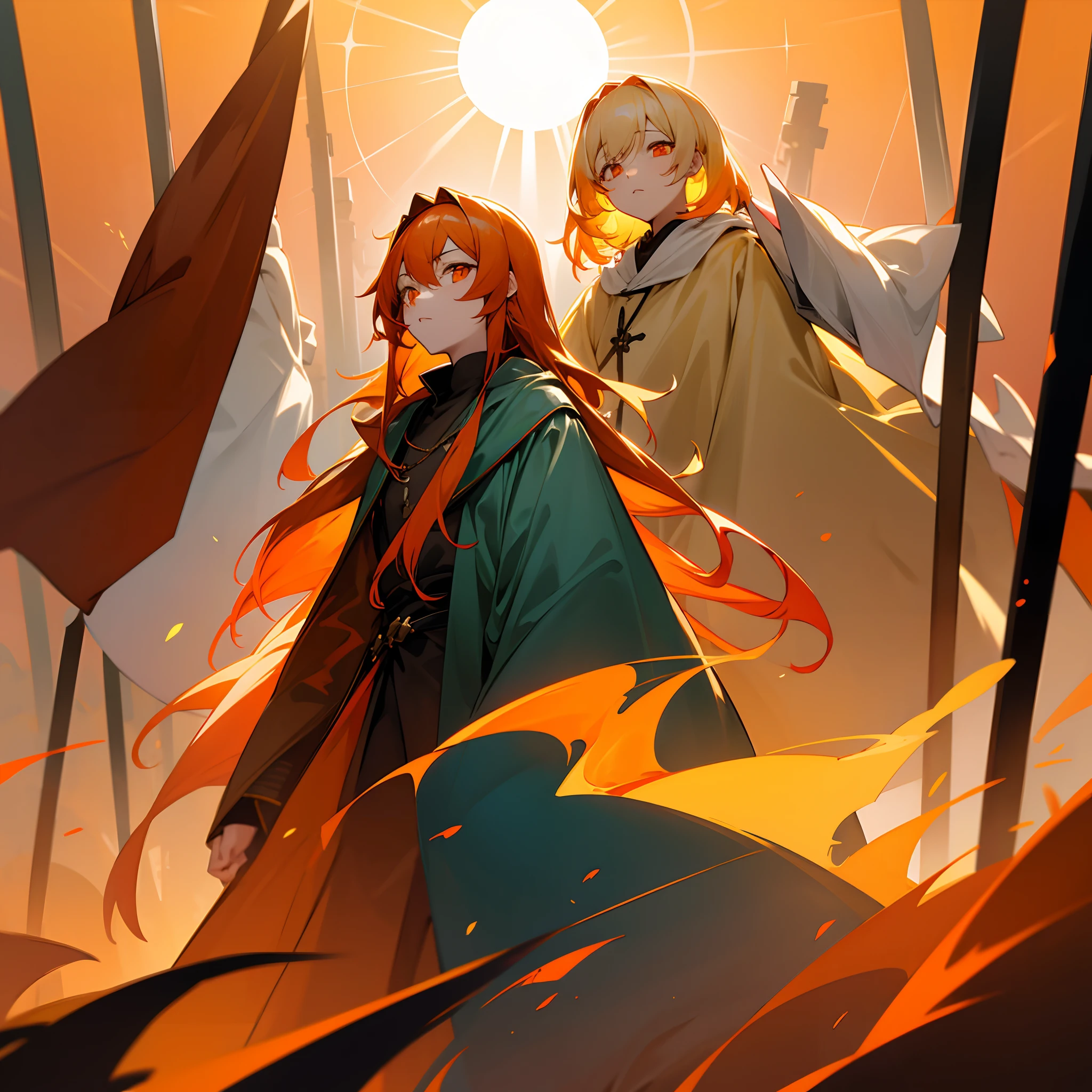 two guys,In the setting sun,It's all girls,All wearing cloaks,One is yellow hair and red eyes,One has orange hair and orange eyes,worshippers,Sense of oppression,holy rays