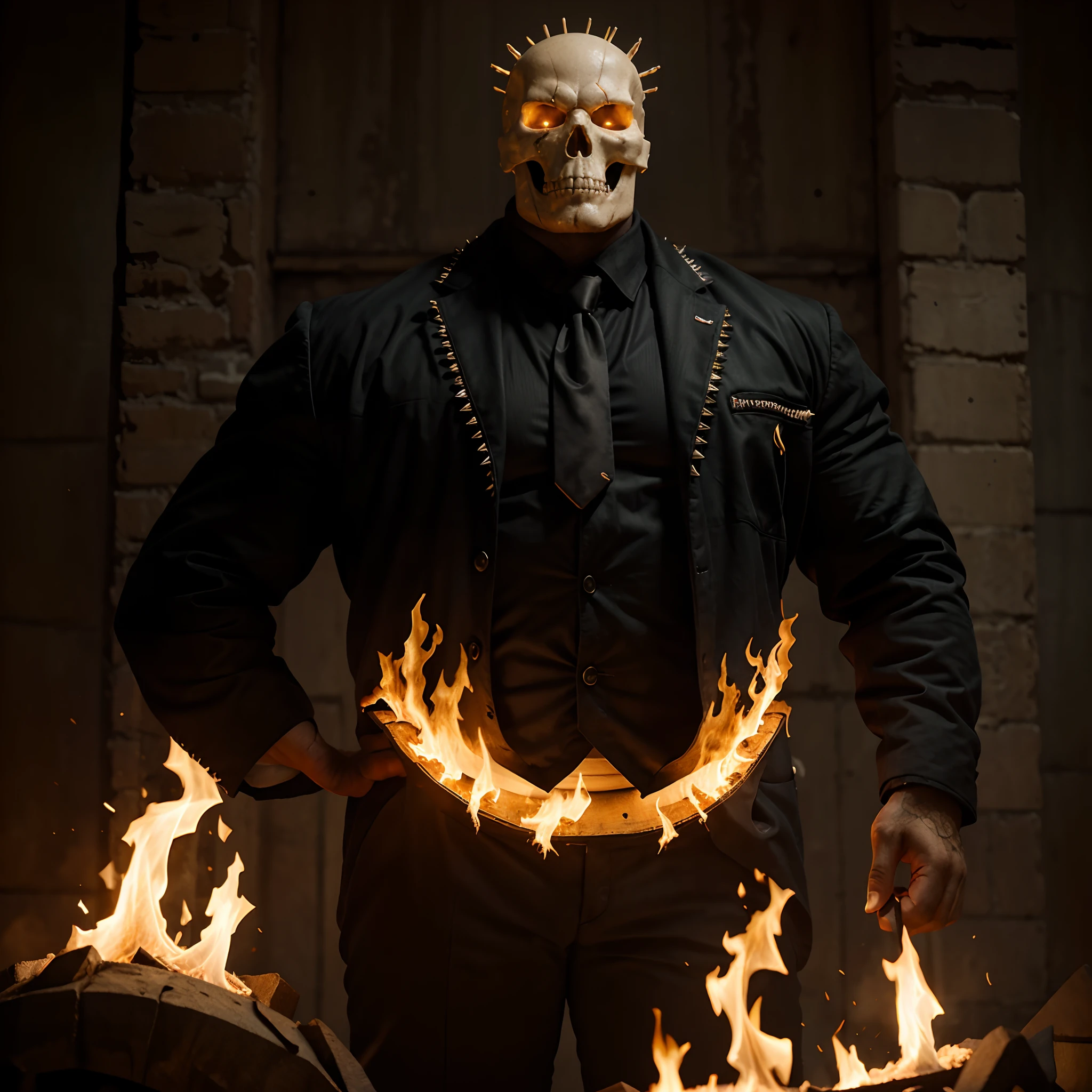Ghost rider , muscled with huge pecs , hugge torso , huge arms , with a skull head like with fire , in suit with a tie ans spikes