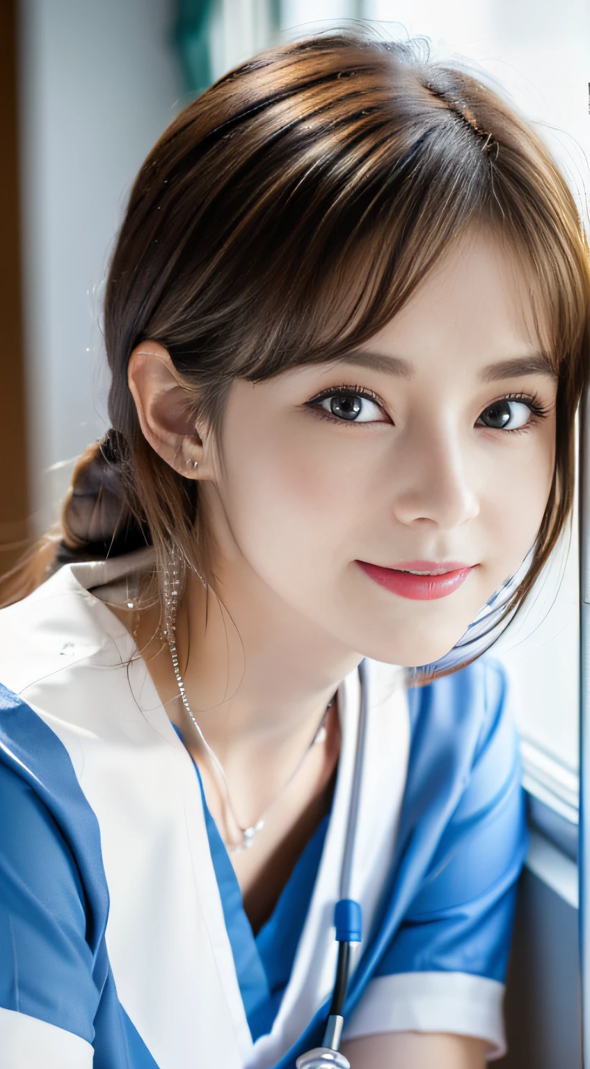 (Very high resolution at 32K, high detailing, highly accurate, masutepiece,a beauty girl1a person,Lori:1.4),Photography & realistic atmosphere,shinny skin,Beautiful skin,fine-grained white skin,Detailed face,Detailed eyes、Very beautiful eyes with azure eyes,Detailed lips、Very beautiful face,Very well-formed face、Lifelike face,shiny beautiful lips,Beautiful eyebrows,Best Natural Makeup,Japan idle,韓国アイドル,Very beautiful nurse woman,Very beautiful girl,(well-shaped breasts、Thighs exposed from nurse's uniform,a necklace:1.5),(Sitting backwards、Wearing a white nurse's uniform,16 years old Very cute Japan nurse Beautiful girl,Crawling on all fours in a hospital bed:1.6),(Sexy Nurse Booth:1.5),(Beautiful shortcuts in brown color,Eyes are moisturized,Gentle smile:1.3),Beautiful immature body, Innocence,((photorealisim,camera)),Reality Live Action,Glossy nail art,(beauty legs,camel's foot,Backshots,Turned,超A high resolution,Natural and realistic face,and soft natural lighting,Back lighting,Pure eyes are too cute:1.4)