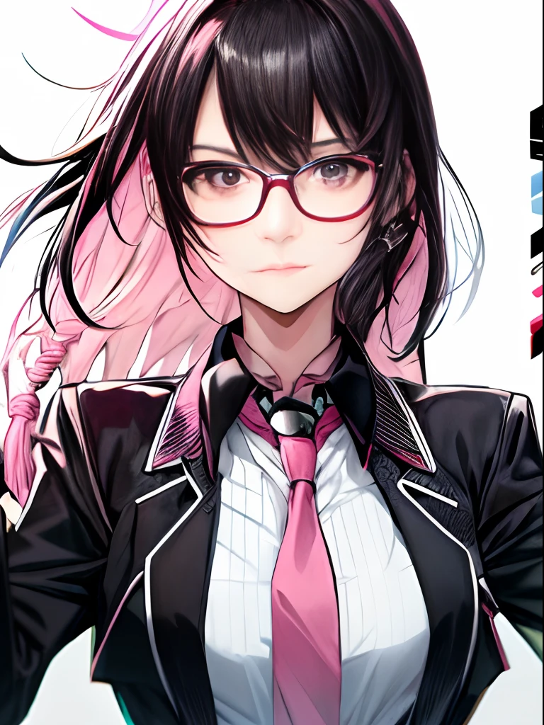 Glasses、eye glass、Pink and black hair colors、Black clothes、Black skirt、pistols、Holding a handgun、white sock、
