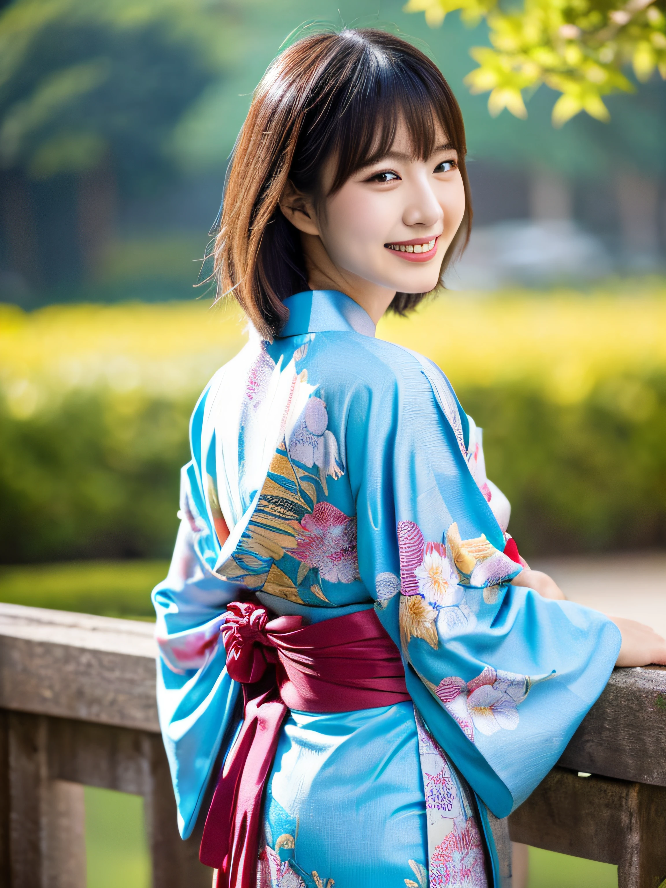 Absurd resolution, High resolution, (masutepiece: 1.4), super detailed, (1 woman: 1.3), (Solo: 1.4), Fireworks, a short bob, a short bob, Kimono, Looking back, Closing eyes, Smiling, light, Shinkai Makoto style, Super close-up of the face, Ultra-fine illustration, Vivid colors, Cinematic Light, Exciting light production, Attention to detail, Vivid colors, hair pin, Kimono, Large side-breasted, Looking back, Happy, Smile, From below,