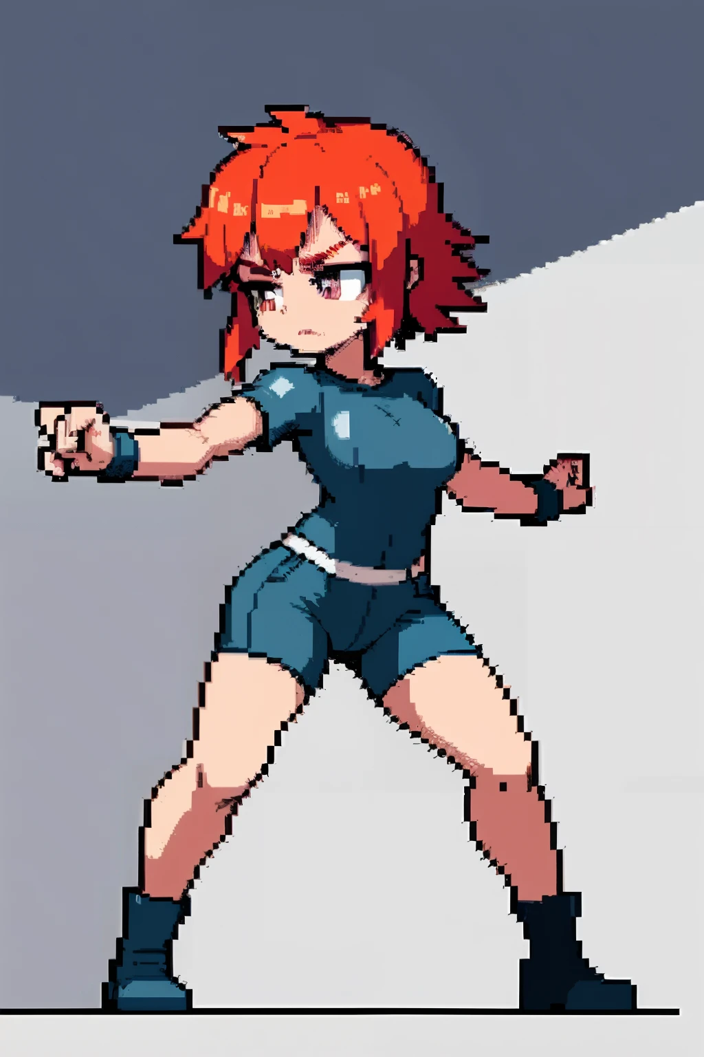 (masterpiece, top quality, best quality, less detail, 8-bit color, soft color), pixel,pixel art,1girl,fullbody,ready to fight,attack pose, a woman with red hair, ecchi style, wet tshirt, lit from below, trap, 3 1, tile, enhanched, 12, pfp, staring you down, open ceiling, training, see, seven, cg