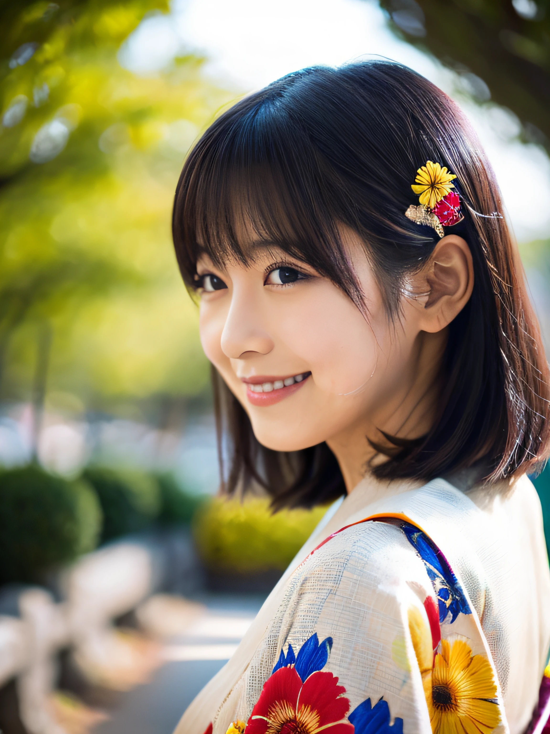 Absurd resolution, High resolution, (masutepiece: 1.4), super detailed, (1 woman: 1.3), (Solo: 1.4), Fireworks, a short bob, a short bob, Kimono, Looking back, Closing eyes, Smiling, light, Shinkai Makoto style, Super close-up of the face, Ultra-fine illustration, Vivid colors, Cinematic Light, Exciting light production, Attention to detail, Vivid colors, hair pin, Kimono, Large side-breasted, Looking back, Happy, Smile, From below,