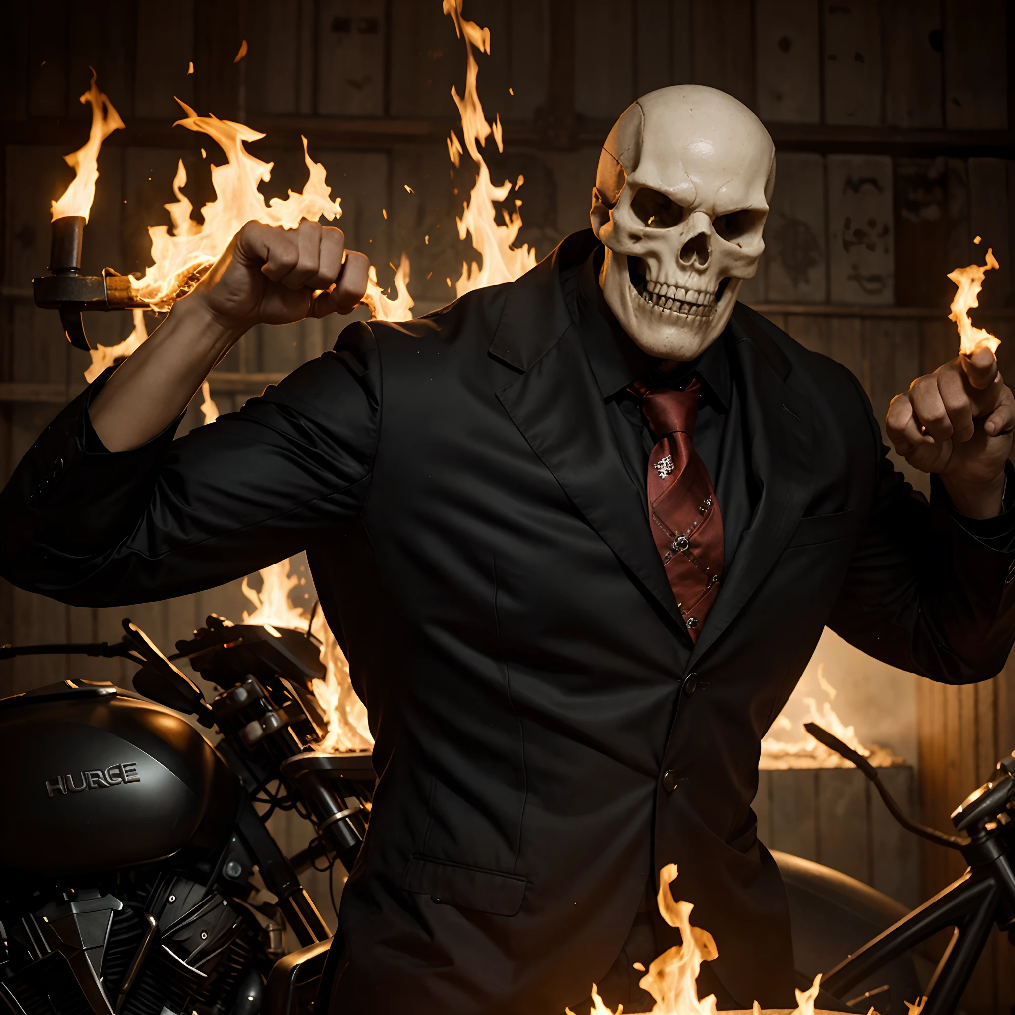 Ghost rider , muscled with huge pecs , hugge torso , huge arms , with a skull head like with fire , in suit with a tie ans spikes