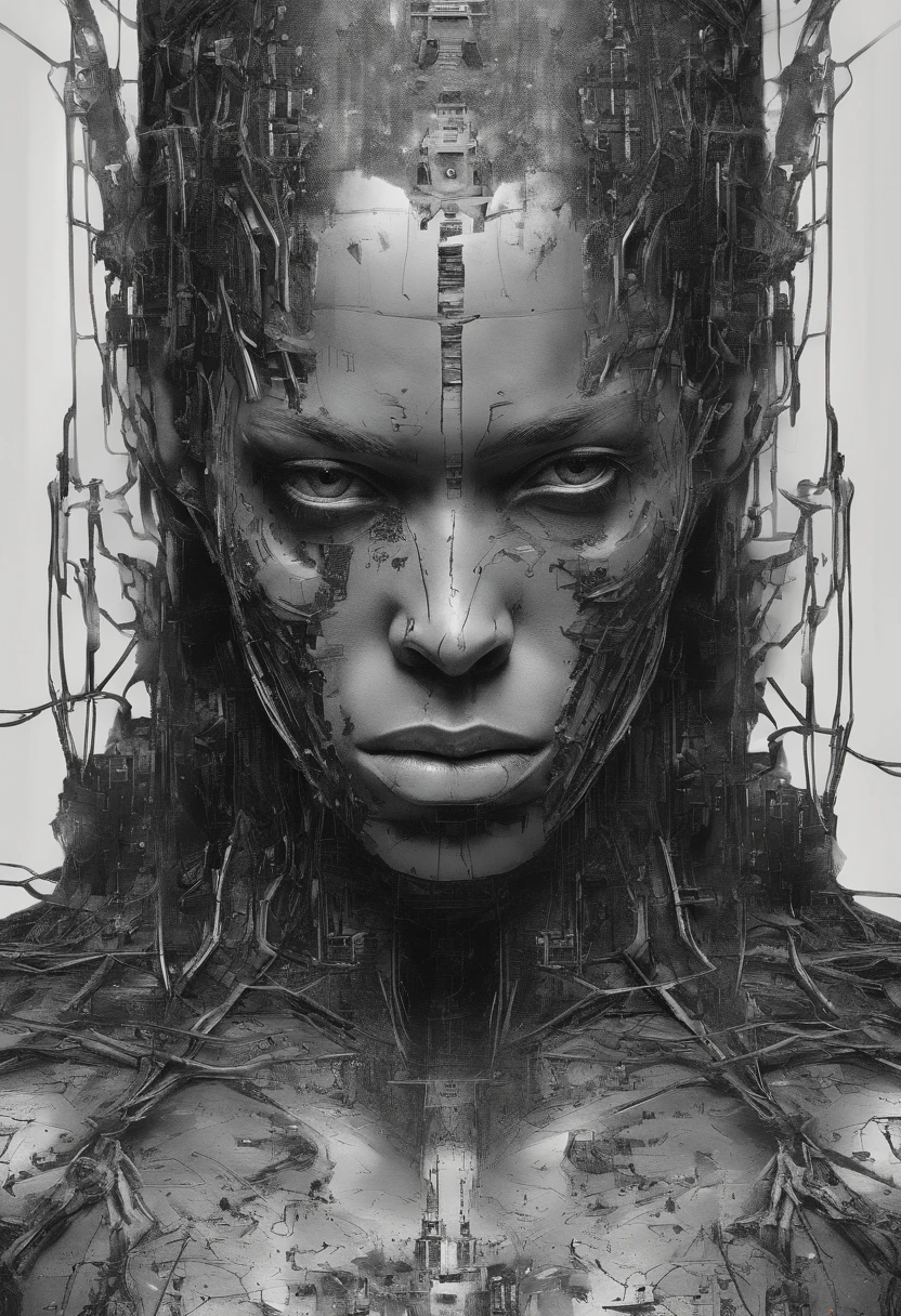 a black male cyborg, Perfect centralization, coelho (franco)de Donnie, Standing position, beleza abstrata, Centrado, looking at the camera, Facing the camera, nearing perfection, triste, desespero, corpo inteiro, hands on her head, Dynamic, altamente detalhado, liso, foco nítido, 8k, high-definition resolution, illustration, arte de Carne Griffiths e Wadim Kashin, fundo branco