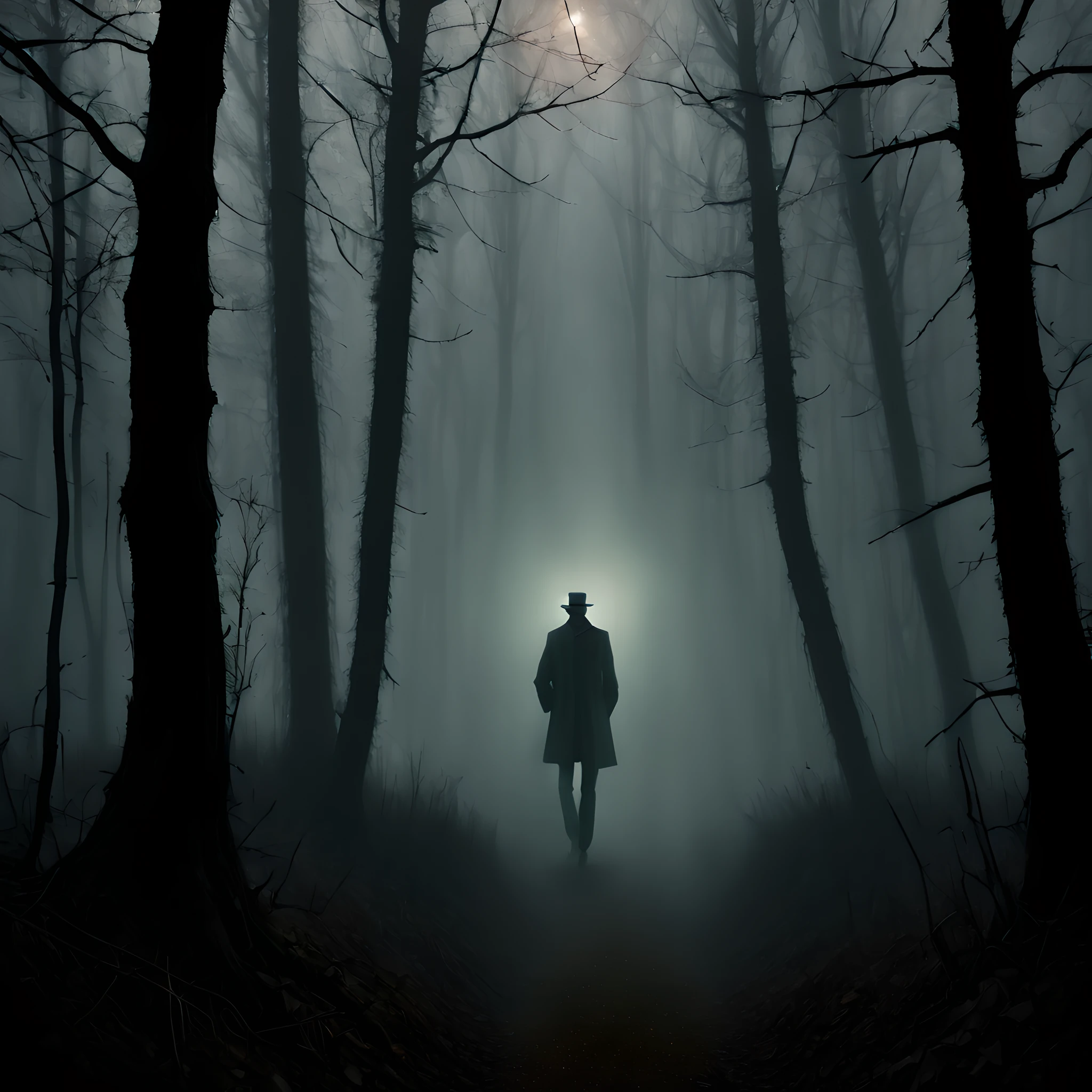 (Mist in the Woods:1.5), (deep mist:1.5), (fog:1.5), (smog:1.5), (dark forest:1.5), (Faint light:1.5), (The Invisible Man:1.5), (dark:1.5), (no human:1.5), (just light in the deep mist woods:1.5), illustration, realistic, Abstract, absurderes, inspiration from Stephen King,