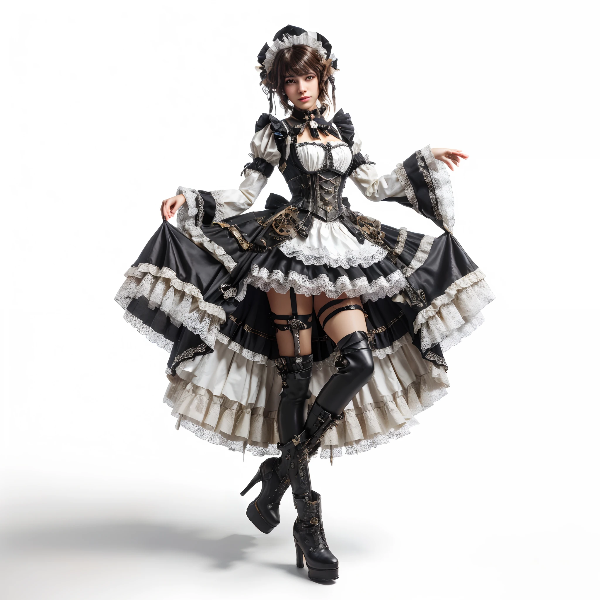 araffe dressed in a black and white dress and boots, steampunk beautiful realistic woman, render character art 8 k, render of a cute realistic girl, render of mirabel madrigal, realistic girl in a maid costume, render of april, maid outfit, in detailed steampunk dress, 8k octae render photo, style game square enix