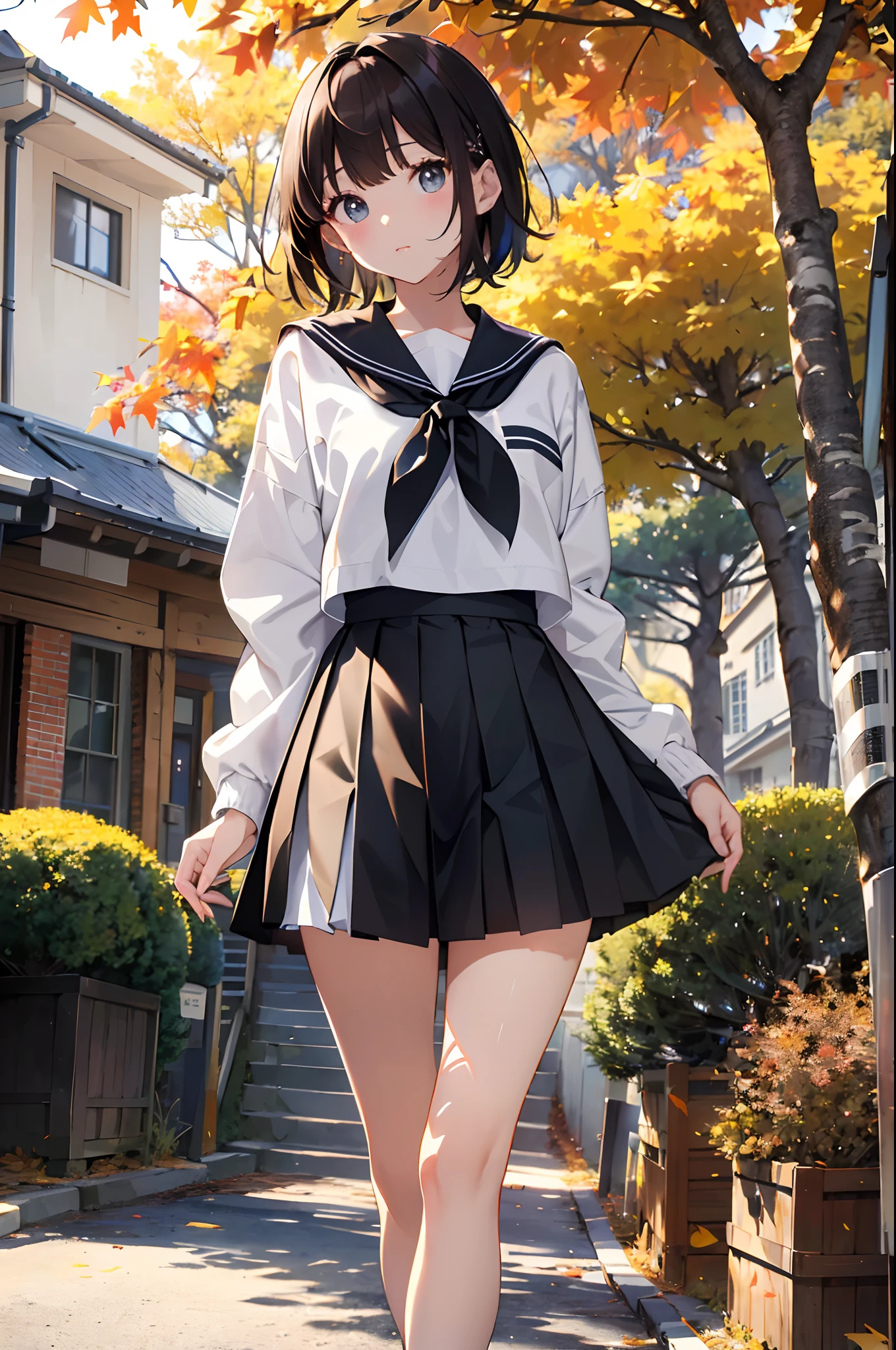 (top-quality、in 8K、32K、​masterpiece、nffsw、超A high resolution、Impresionismo、Photorealsitic:1.2)、cowboy  shot、foco nítido、detailed faces and eyes、(Man Walking Down a Tree-Lined Avenue々Group of, october, during autumn, in autumn, Golden Autumn, golden leaves, autumn season, trending photo, november, autum, beautiful image, beautiful aesthetic, Autumn, autumn season, beautiful day, in autumn, !!Beautiful!!)、Sharp pupils、Realistic pupils、beauitful face、18 year old beautiful girl、shinny skin、Bery short hair、Beautiful dark brown hair、Blunt bangs、Dark blue eyes、Winter sailor suit、Pleated mini-skirt、Black socks、(Have a skirt、Lifting skirt、I can see the white panties:1.3)、(Embarrassed look:1.2)、Mel Kishida