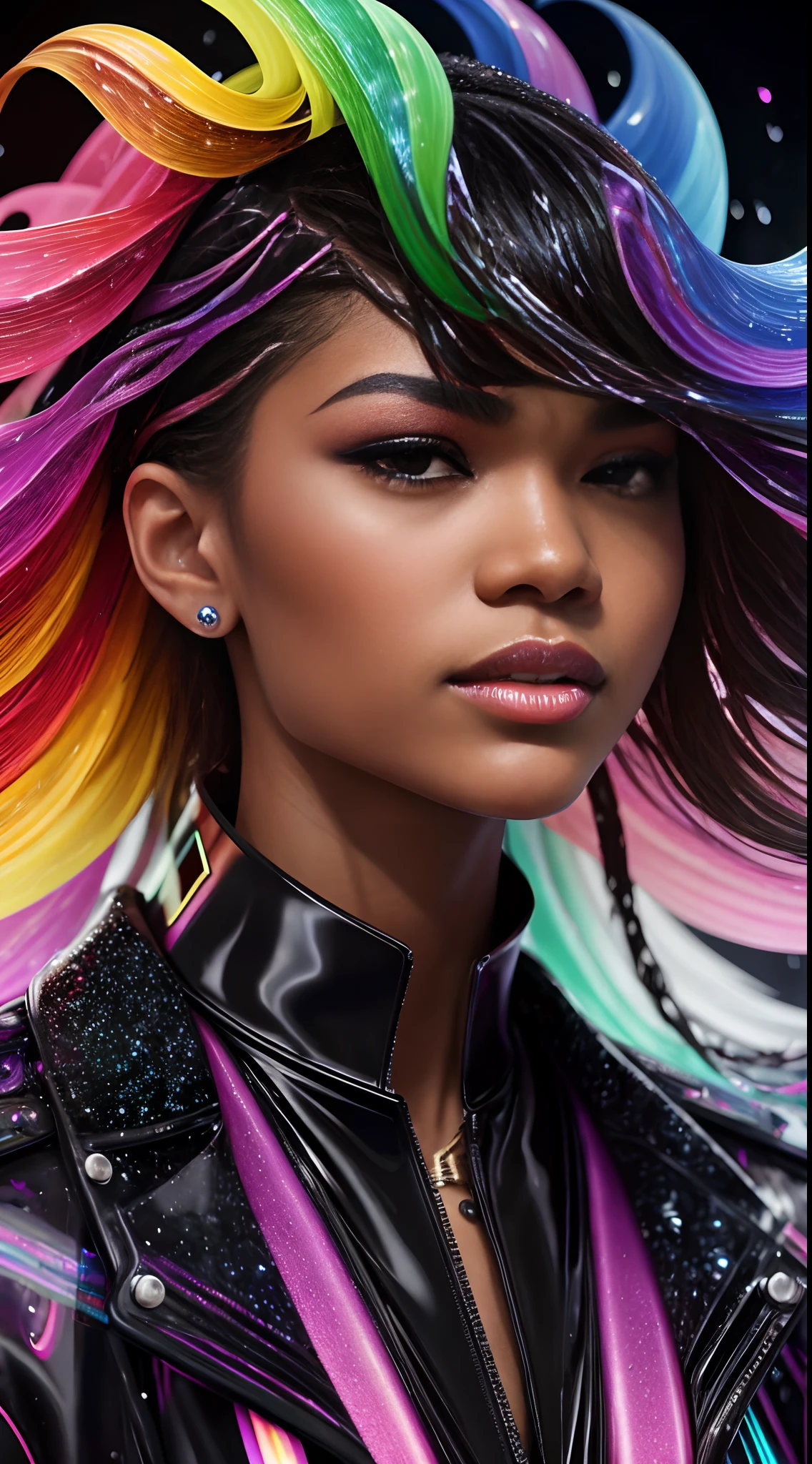 Mulher Arafed ((afro americana))with long rainbow hair and a neon cyberpunk tank top, retrato, Ela tem um rosto bonito, Imagens da Webcam, clivagem, peituda, sexy look at the camera, Fotografado na webcam, 4 8 0 p, 480p, Seu peito, she's facing the camera, gorgeous female, fundo do clube de discoteca, RGB, LED Rave Lighting