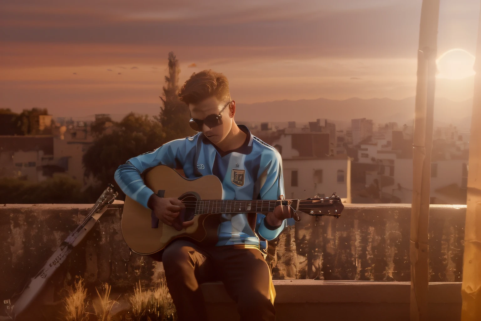 boy with Argentina jersey and guitar wearing a sunglass in sunset ultra lighting highly detailed face 8k resouloution