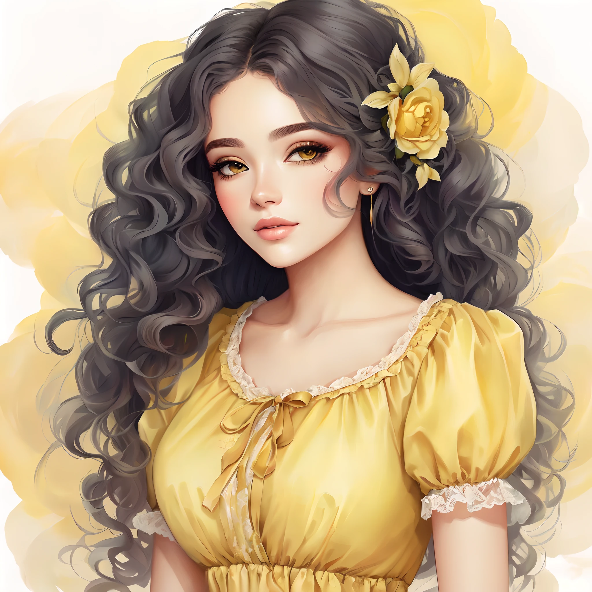 um close up de uma mulher com cabelos longos usando um vestido amarelo, No estilo de arte de Bowater, Tema amarelo cabelo ondulado, trending on artstration, Beautiful digital illustration, mulher amarela bonita, pintura realista da menina bonito, arte digital detalhada bonito, exquisite digital illustration, Estilo de desenho bonito, arte digital bonito, in illustration style digital, a beautiful artwork illustration