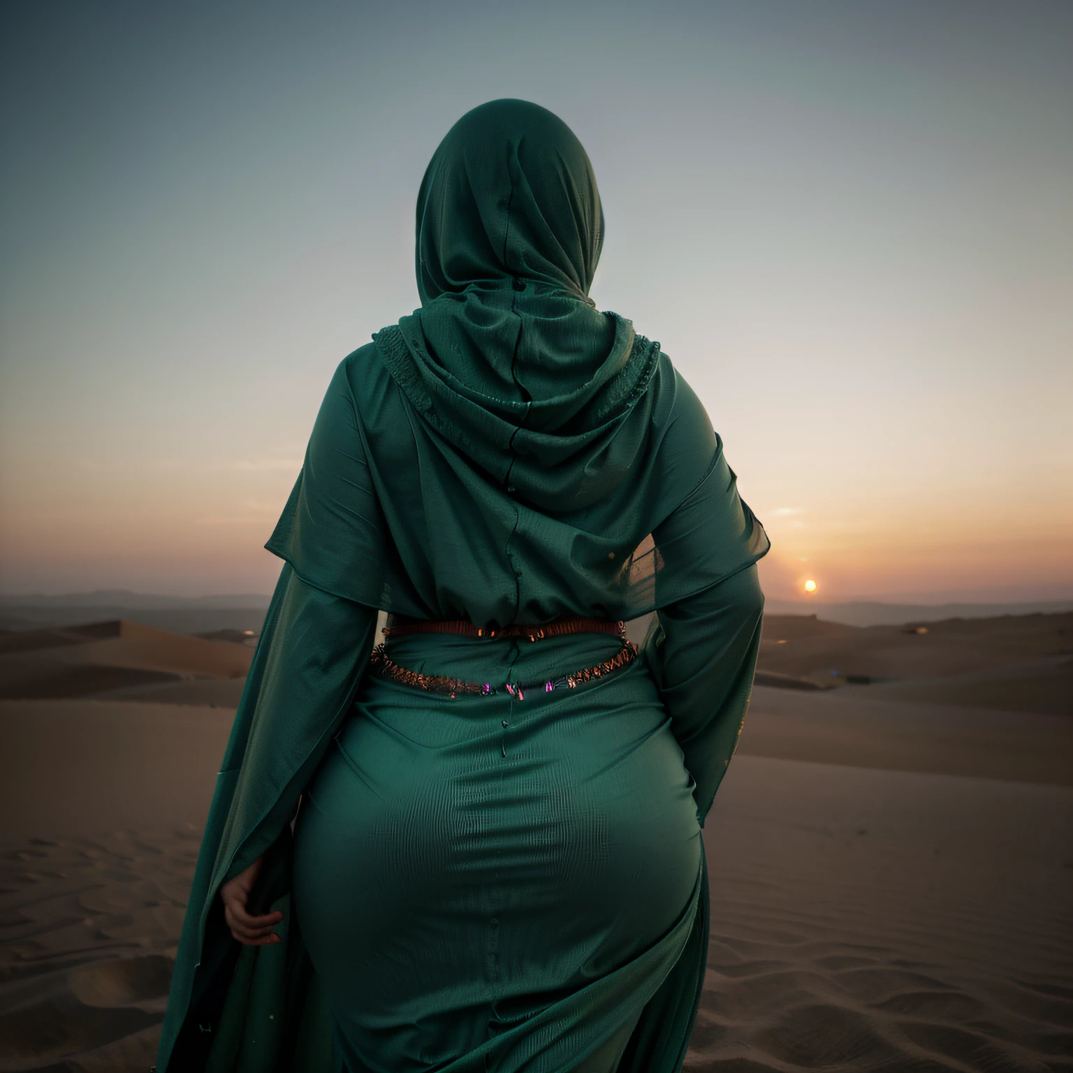 curvy fat woman, (blowing long hijab), walking on top of Sahara sand dune, ((looking away)), ((from behind)), (face hidden), (((Moroccan))), breeze, ((dark colorful sunset)), (green sheer dress), (((big curvy hips))), shimmer, (flowing green hooded kaftan), natural skin, 24mm, 4k, soft cinematic light, RAW photo, photorealism, photorealistic, intricate, elegant, highly detailed, sharp focus, ((cinematic look)), soothing tones, insane details, intricate details, hyperdetailed, low contrast, soft cinematic light, dim colors, exposure blend, hdr, faded, (epic), sexy, magical