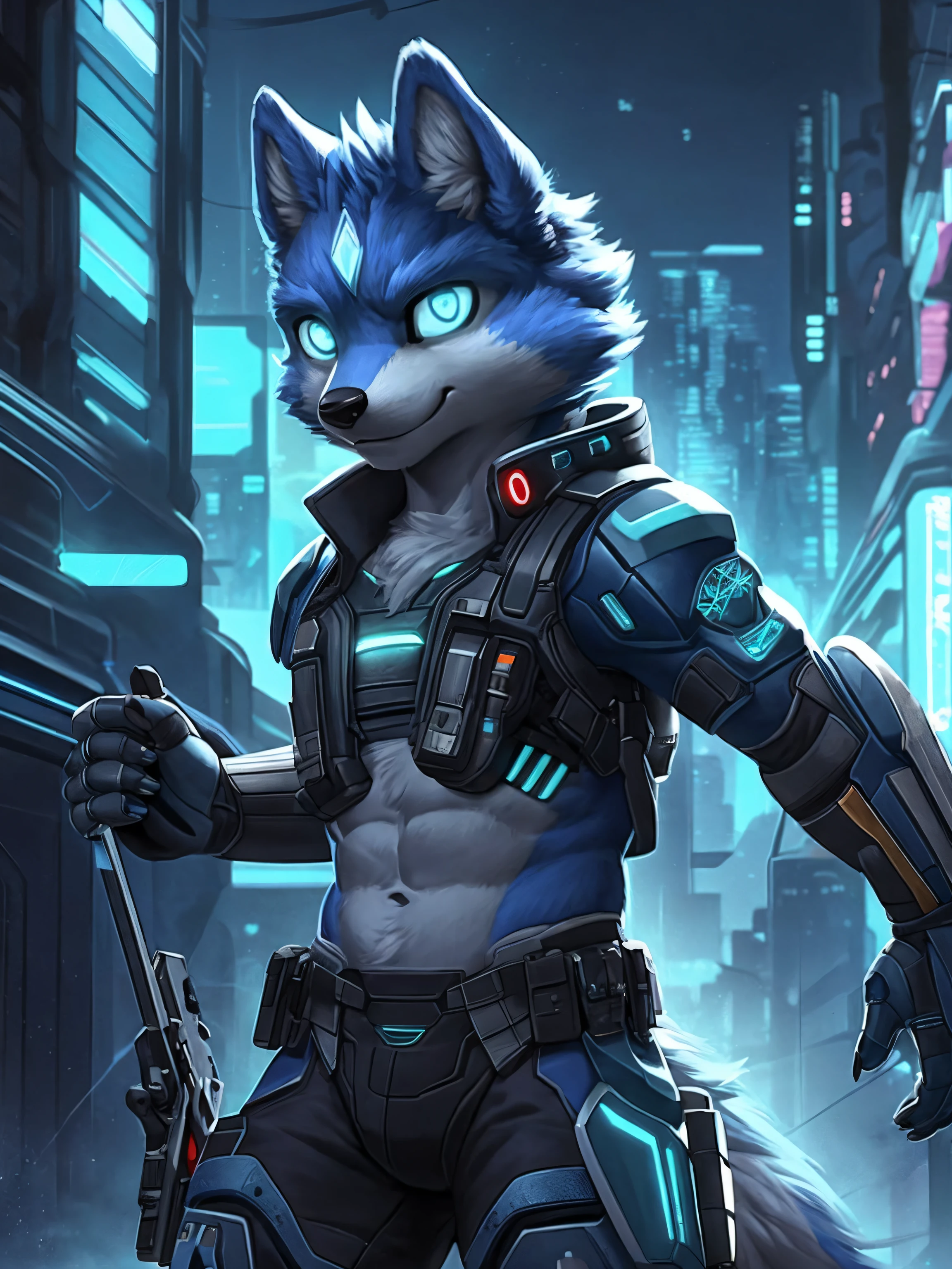 Rystal, Star Fox, 13 years old male, (A detailed), fluffly, Solo, adolable，Lovely and lovely style , fotorealistisch, ((clear structural details)), Meticulous and realistic, A detailed eye, (Turquoise blue pupils), (( Lapis lazuli glowing eyes)), Excellent quality, high detal, Detailed fur, ((The tail is in the right place) ，Sky blue fur ，Cyberpunk style