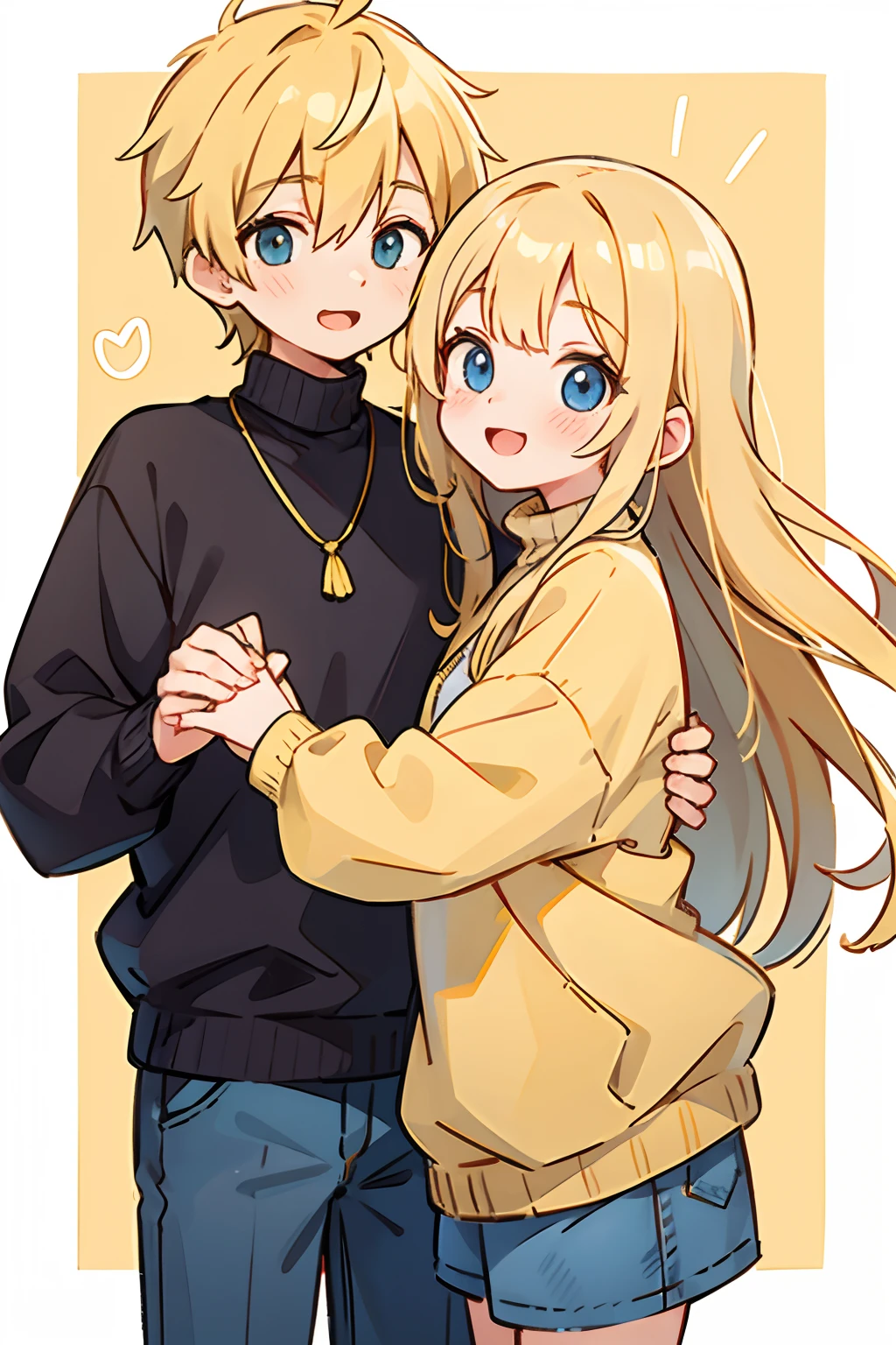 yellow blond long hair, 1Girl, 1 boy, couple, Sweaters, happy face