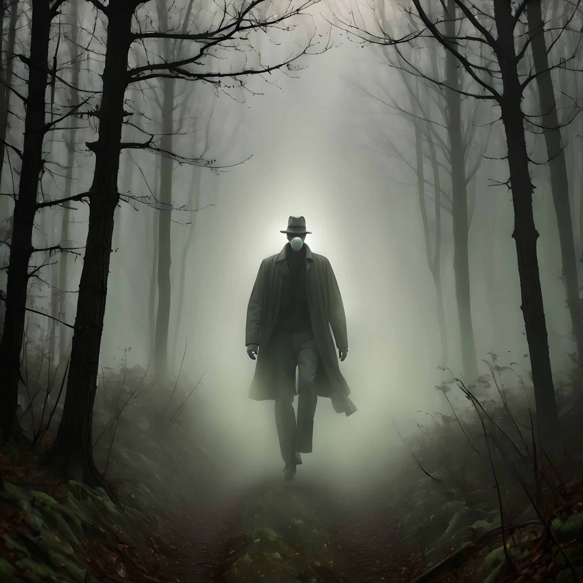 (Mist in the Woods:1.5), (deep mist:1.5), (fog:1.5), (smog:1.5), (dark forest:1.5), (Faint light:1.5), (The Invisible Man:1.5), (dark:1.5), (Fleeing person々:1.5), (terroral:1.5), (disturbance:1.5), (Man moving in thick fog々:1.5), (just light in the deep mist woods:1.5), illustration, realistic, Abstract, absurderes, inspiration from Stephen King,