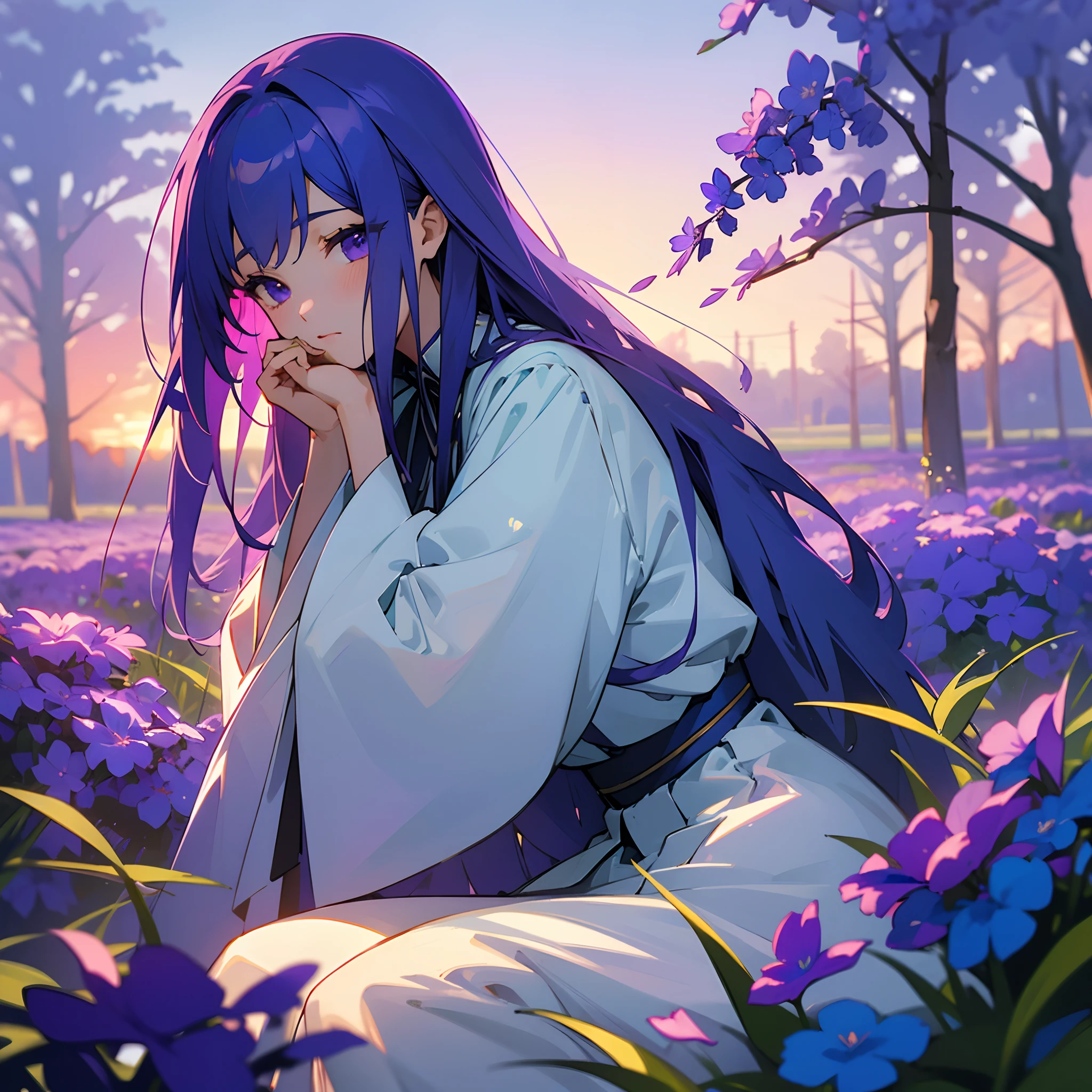 (masterpiece、top-quality)、Sitting in a field of blue-violet flowers、One girl with long blue-violet hair、Hide your mouth with both hands、The sunset is shining、Blue-purple floral yukata、Blurred foreground