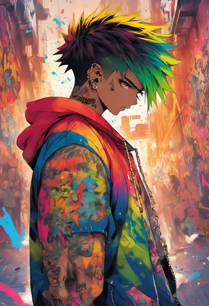 A cool and trendy male, rainbow colored hair, yellow eyes, wearing trendy hip hop clothing, wearing a hoodie, graphic t-shirt and torn jeans, tons of tattoos and piercings, graffiti style background, highly detailed background, perfect masterpiece, high quality, high resolution