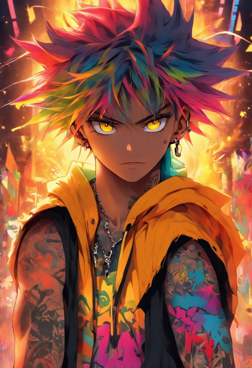 A cool and trendy male, rainbow colored hair, yellow eyes, wearing trendy hip hop clothing, wearing a hoodie, graphic t-shirt and torn jeans, tons of tattoos and piercings, graffiti style background, highly detailed background, perfect masterpiece, high quality, high resolution
