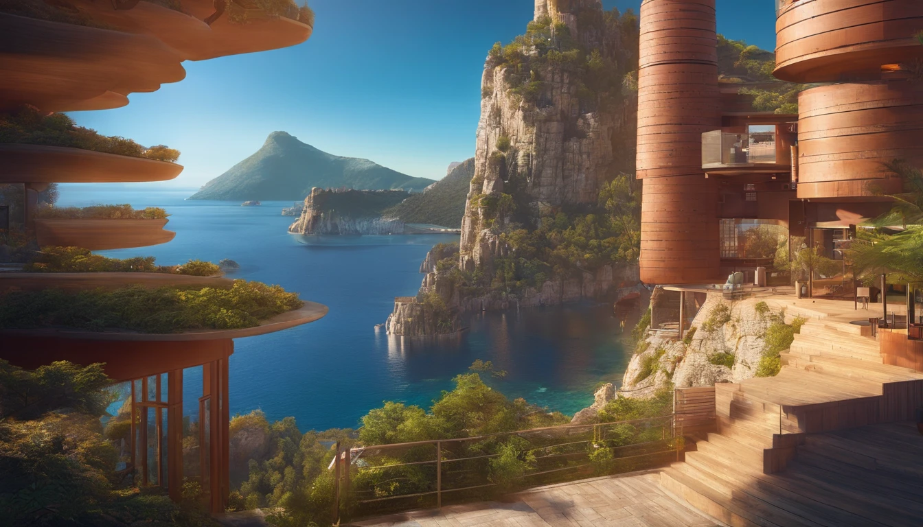 Aerial view of a hyper detailed fantasy fantasy setting, 4k, uhd, um torre feita de esmeralda no centro da cena, With the sea in crystal clear waters, Autumn mountainous vegetation, Sunset towards the right side of the scene to the left, luz do sol no fim do dia., With your twilight sky dusking, photographic light, foto realista de cinema, Camera with 35mm lens.