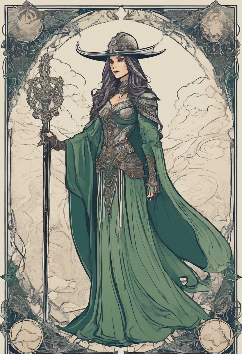 tarot card design, flat color, solo, full body, long ears, woman, grey skin, long hair reaching lower back, dark blue-grey hair, warlock, worn cloak, metal armor plates, metal gauntlets, metal spiky shoulder pads, metal greaves, stag skull bone helmet, weilding green magic in right hand, holding staff in left hand